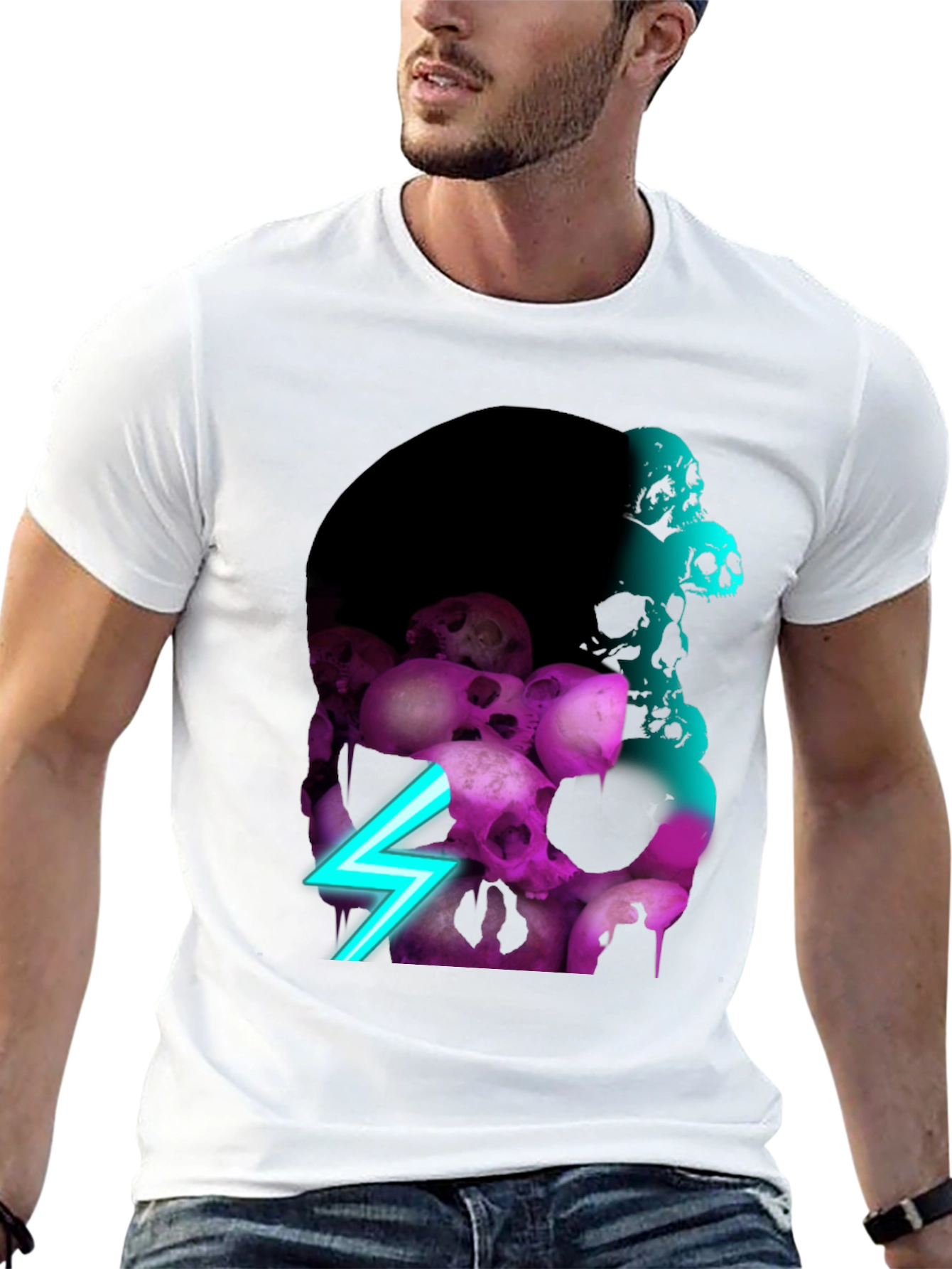 Skull Pile Graphic Tee - Neon Lightning Bolt Design