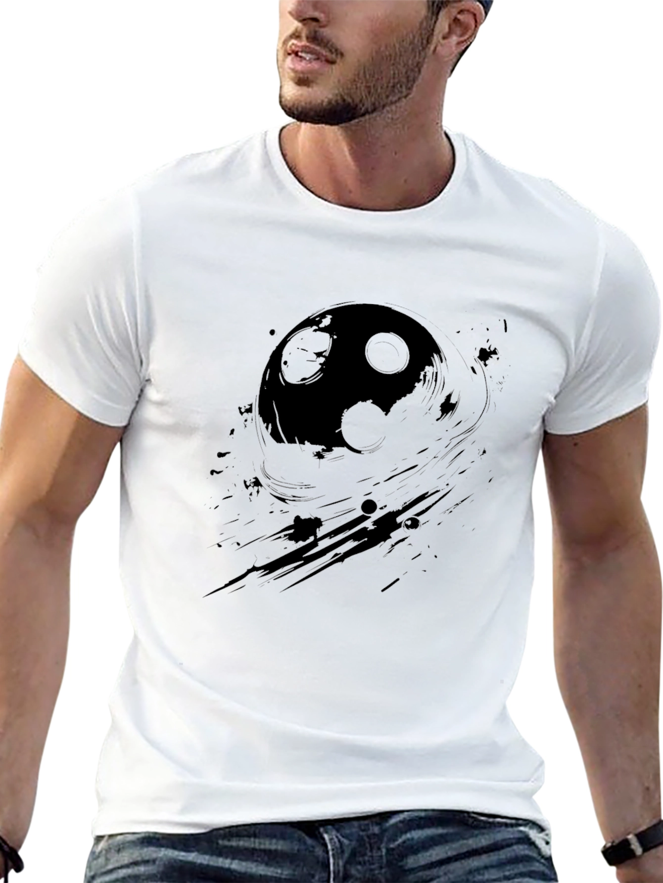 Black Graphic Print T-Shirt - Abstract Moon Design