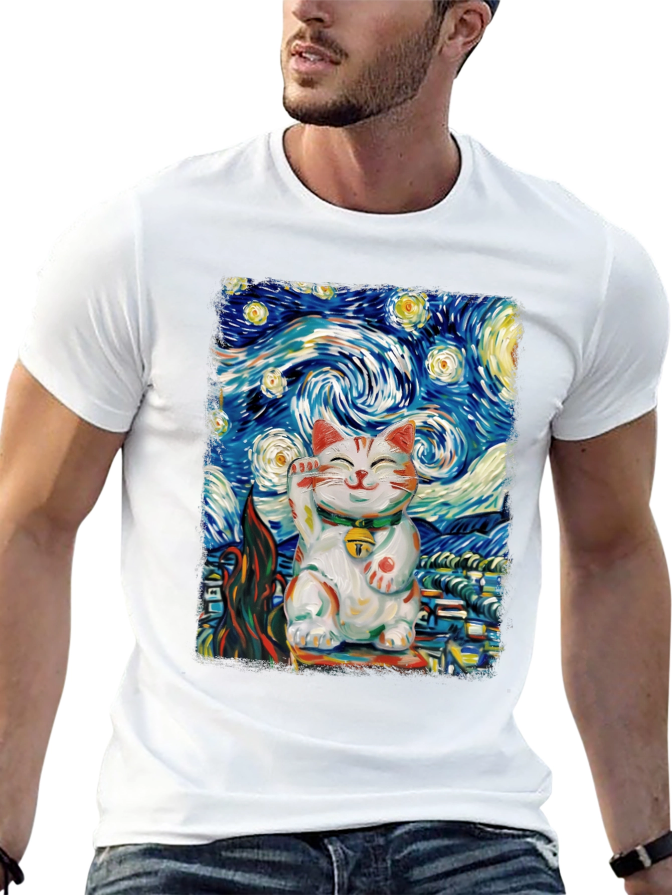 Starry Cat T-Shirt - Lucky Cat Van Gogh Art