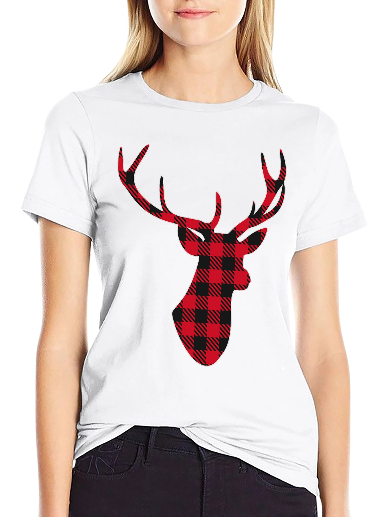 Plaid Deer Graphic Tee - Stylish Holiday Shirt
