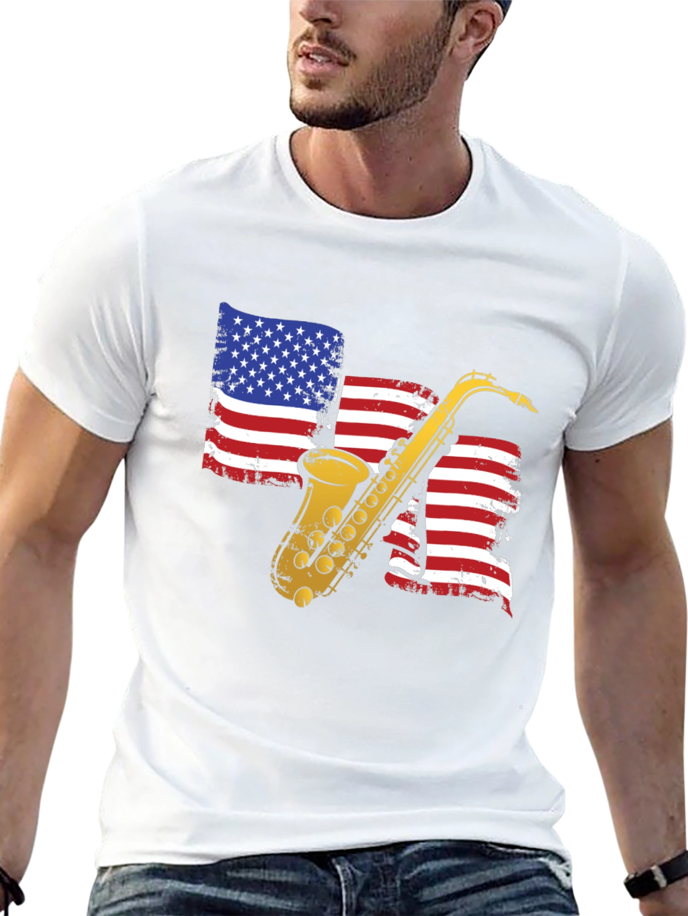Saxophone American Flag Graphic T-Shirt