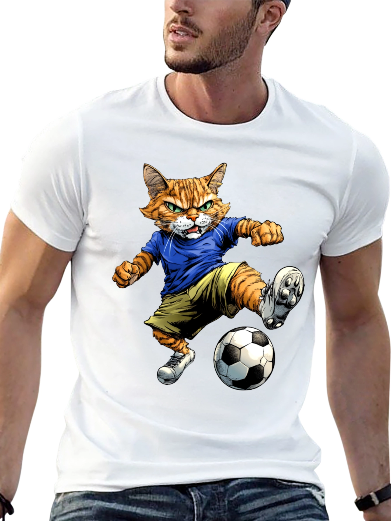 Cartoon Cat Soccer Player Graphic T-Shirt