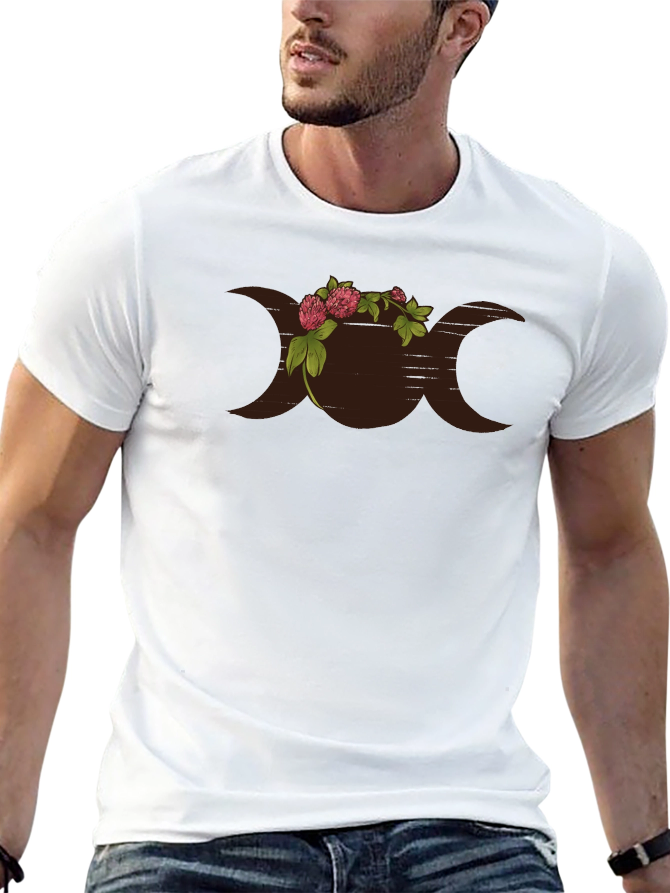 Floral Triple Moon Goddess Black T-Shirt
