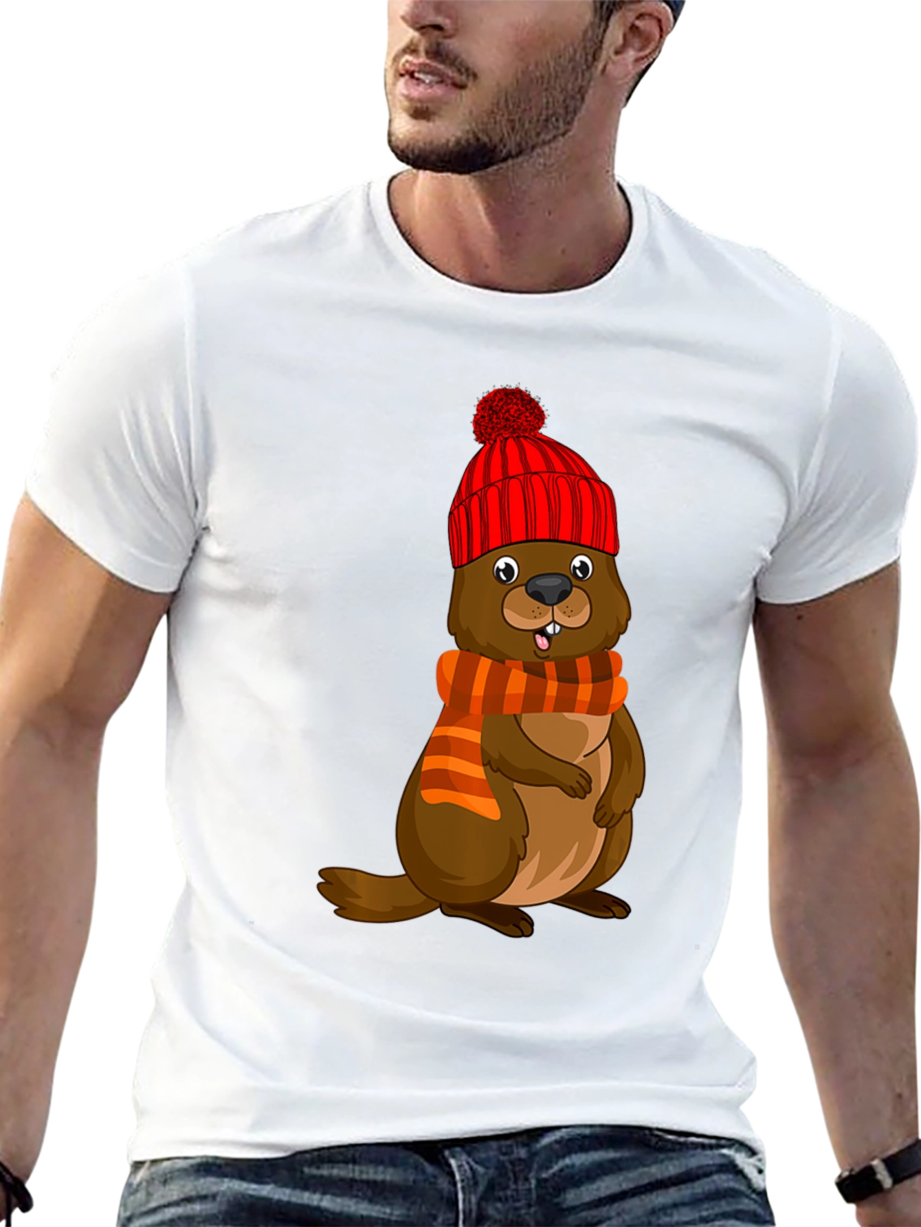 Cartoon Beaver in Winter Hat T-Shirt