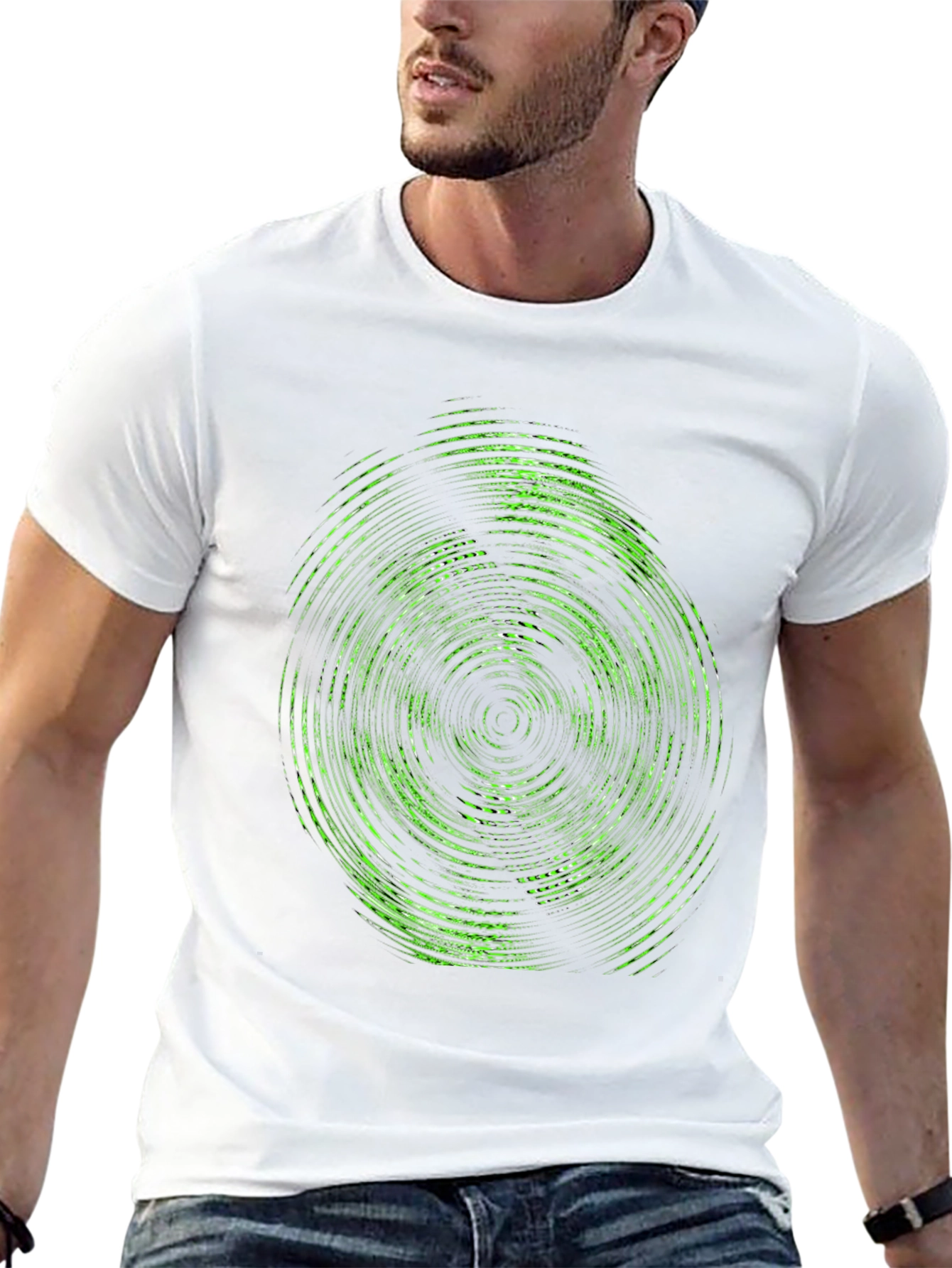 Abstract Green Circle Graphic Print Black T-Shirt