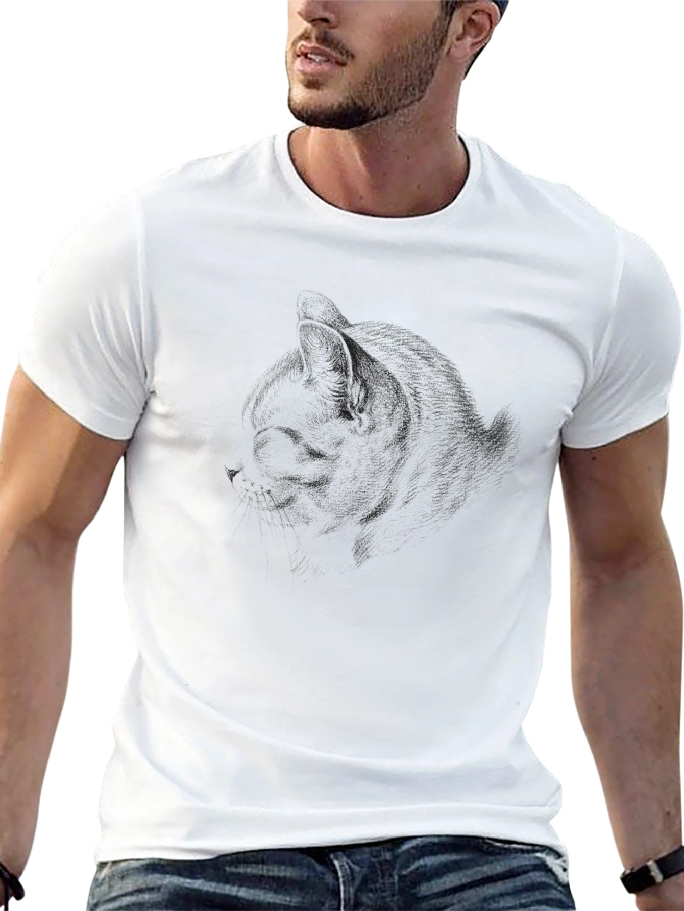 Stylish Black Cat Portrait Graphic Tee