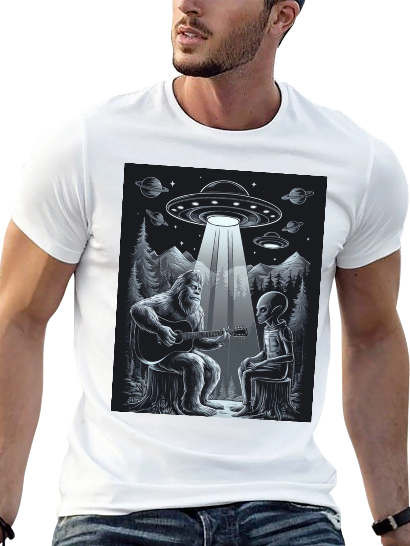 Bigfoot and Alien Music T-Shirt