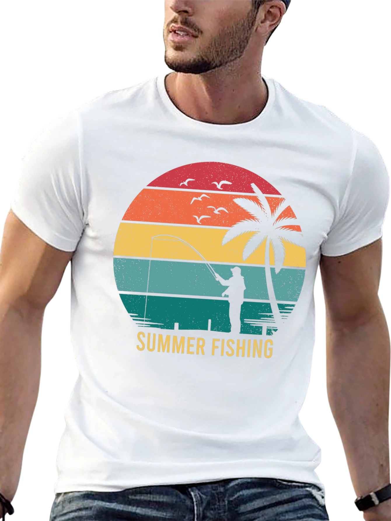 Summer Fishing T-Shirt Retro Sunset Palm Tree Angler Tee