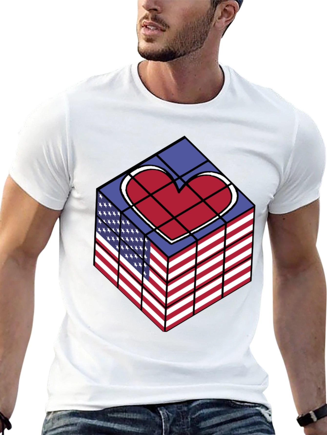 Patriotic Heart Cube Graphic Tee - USA Pride Shirt