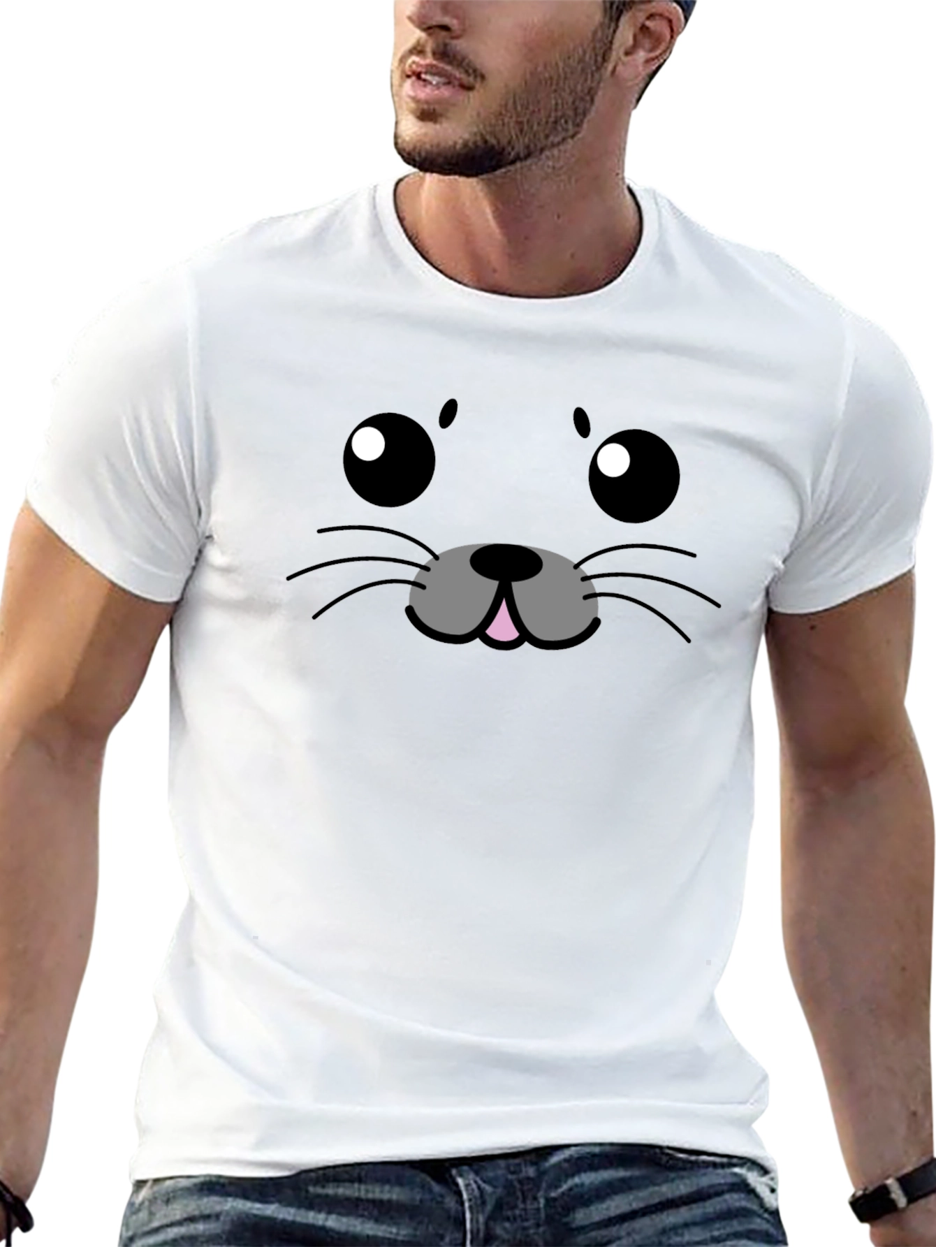 Cute Cartoon Seal Face Black T-Shirt