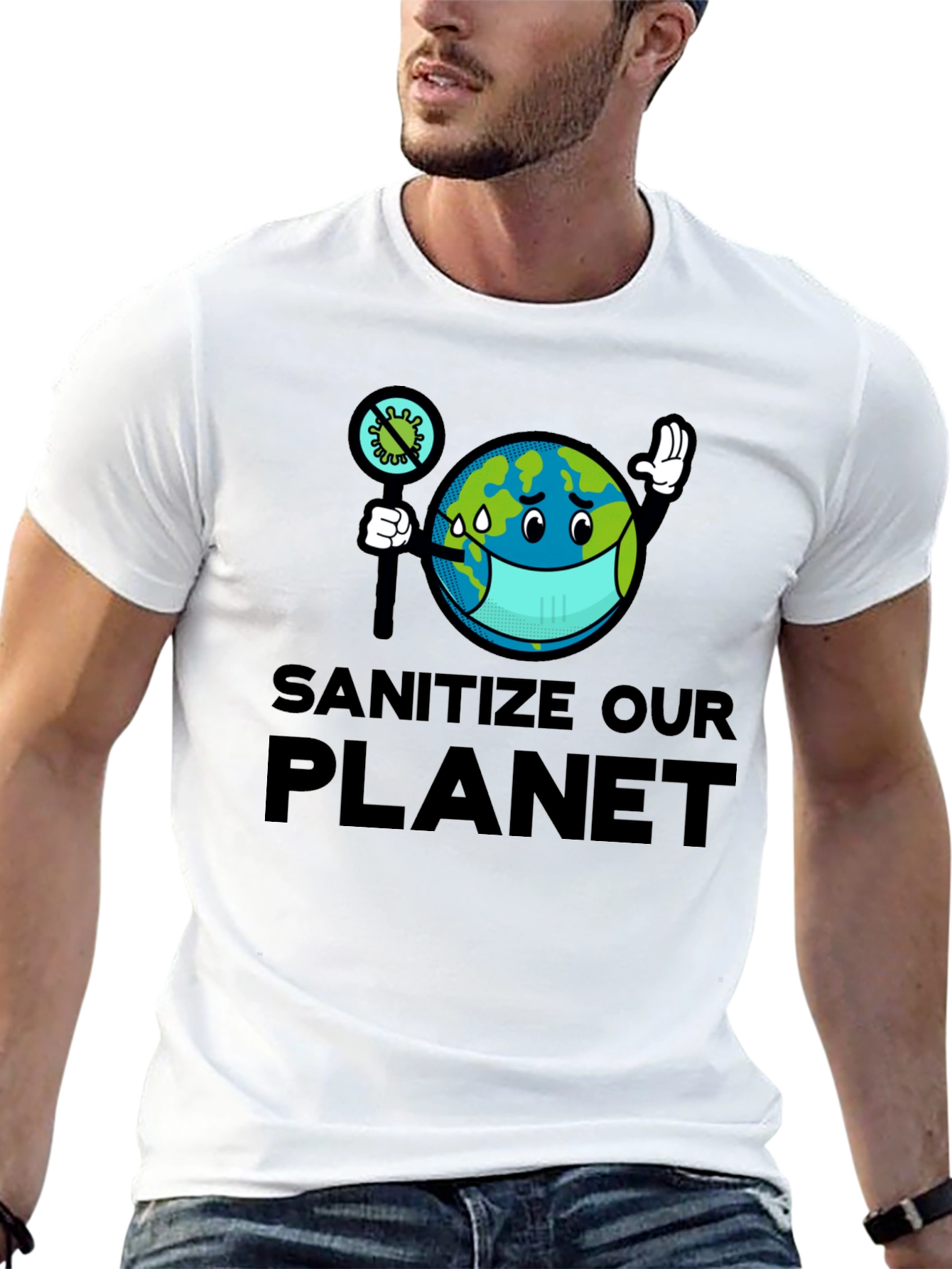 Sanitize Our Planet T-Shirt - Earth Cartoon Graphic Tee