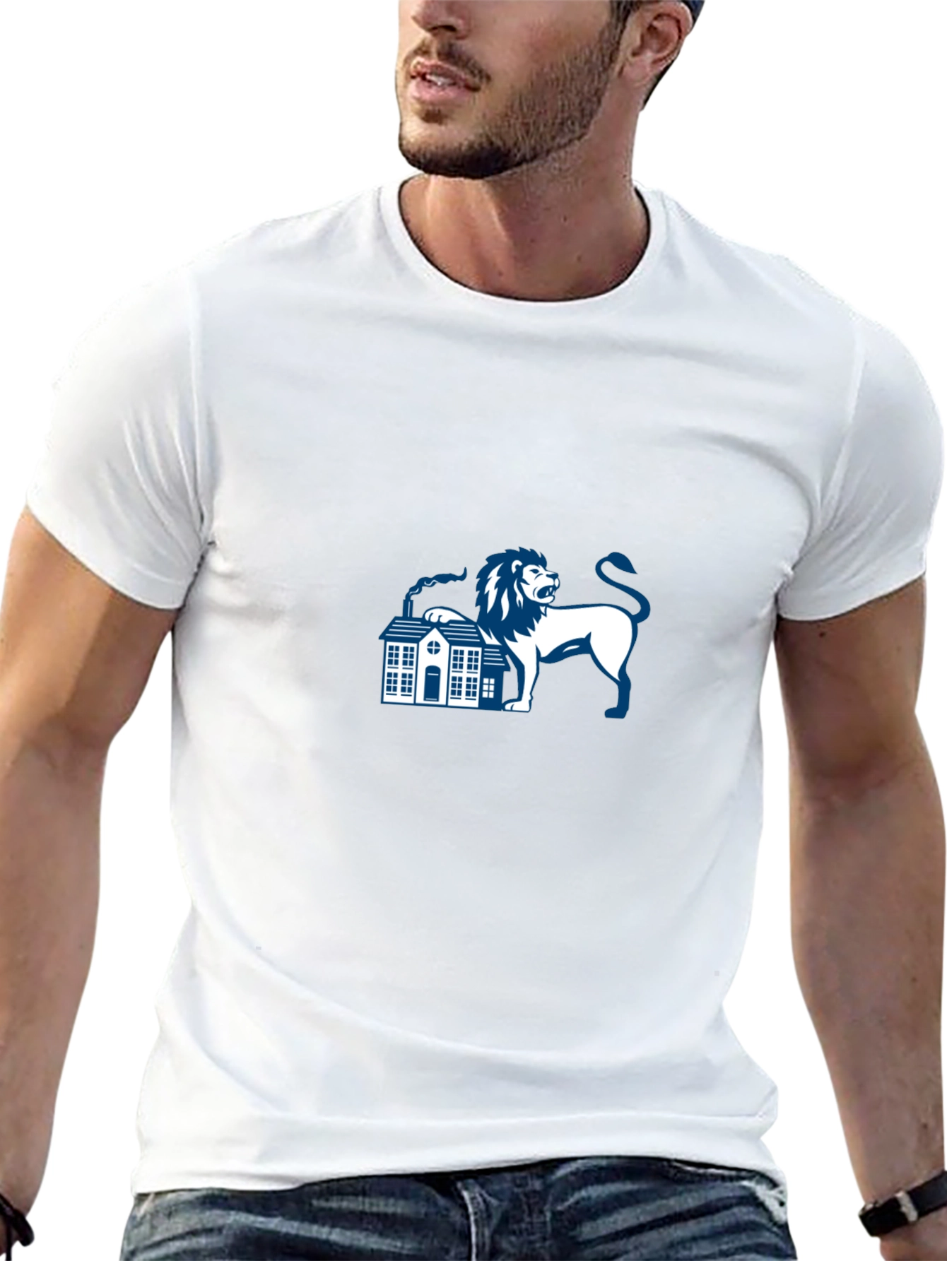 Black T-Shirt with Lion and House Graphic