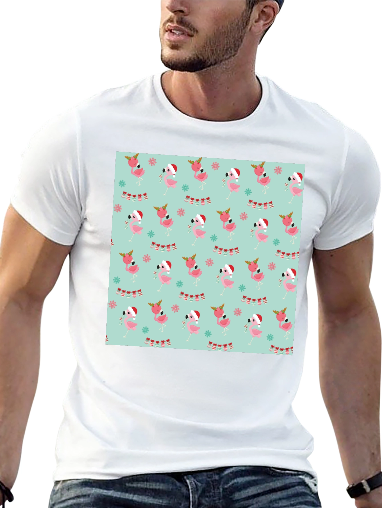 Festive Flamingo Christmas Pattern T-Shirt