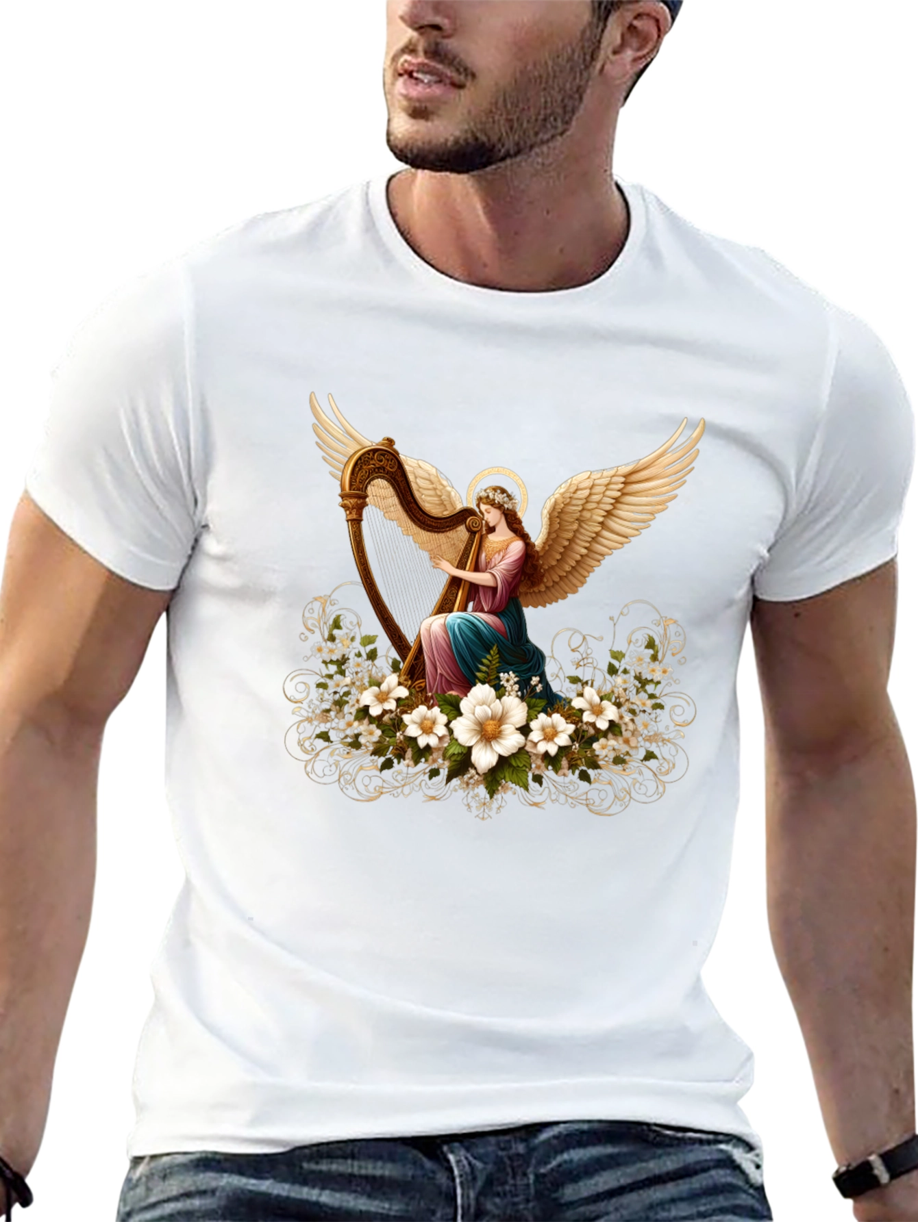 Angel Harpist T-Shirt - Elegant Spiritual Design