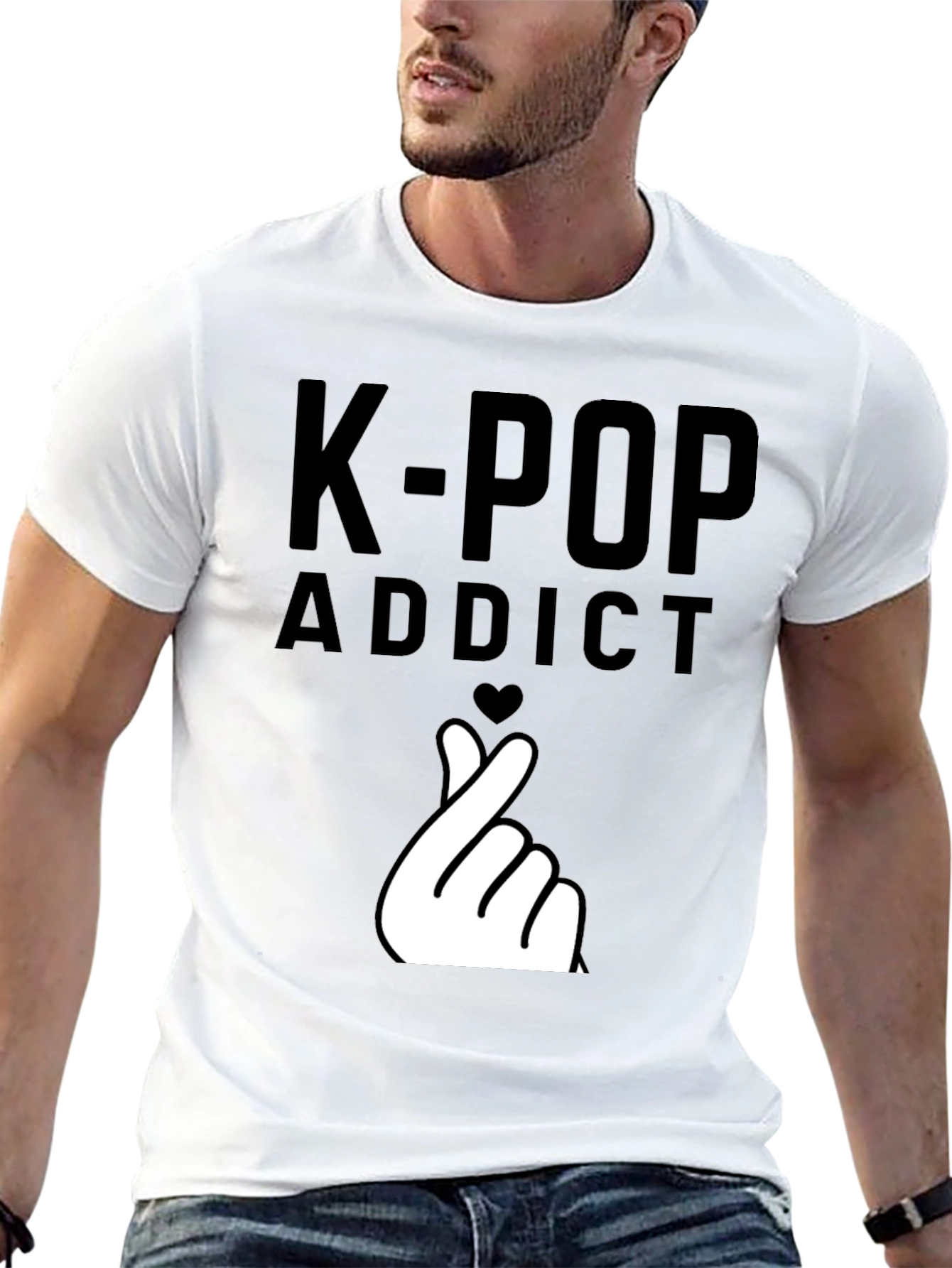 K-Pop Addict Black T-Shirt with Finger Heart Design