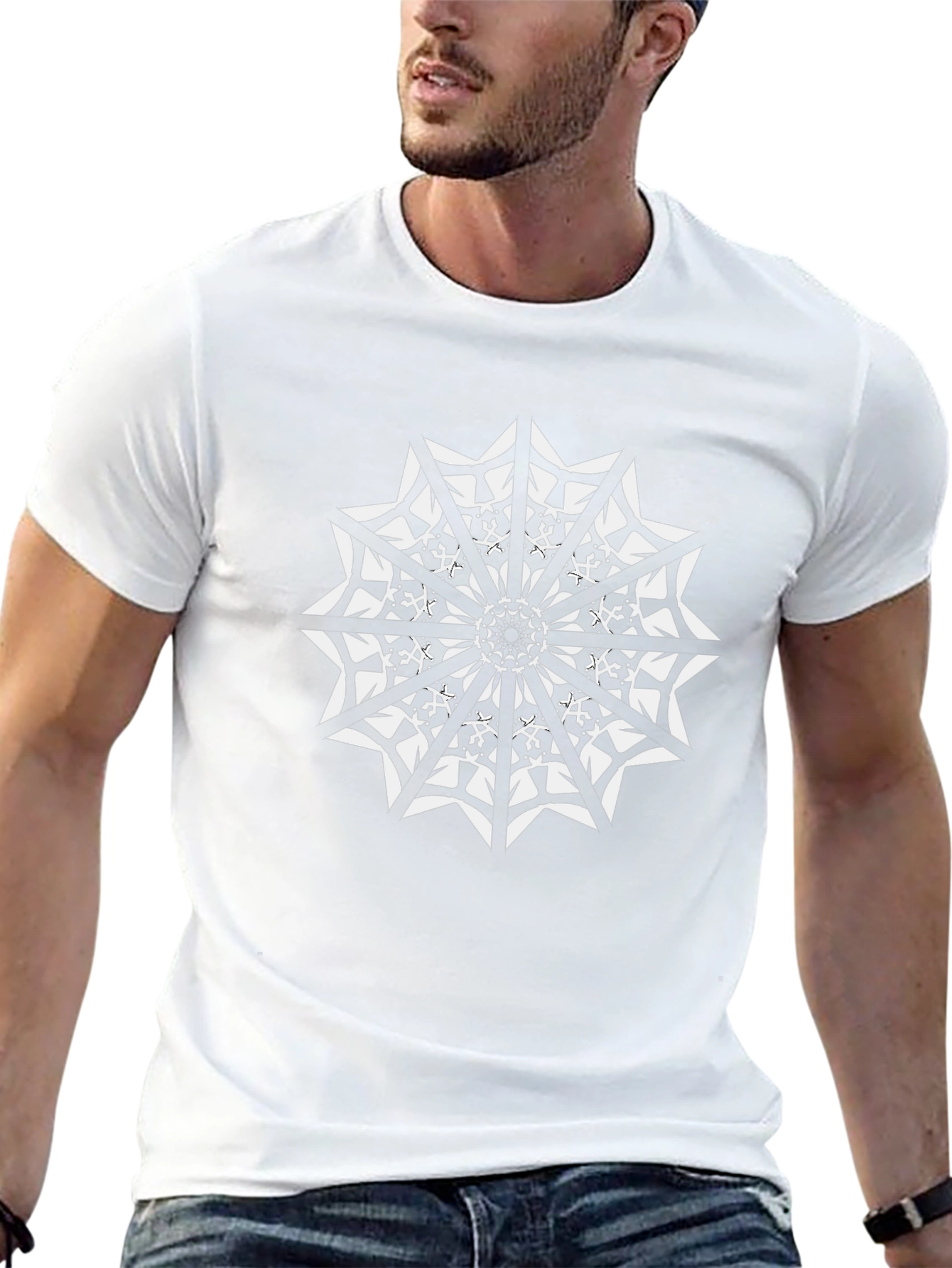 Black T-Shirt with White Geometric Mandala Design