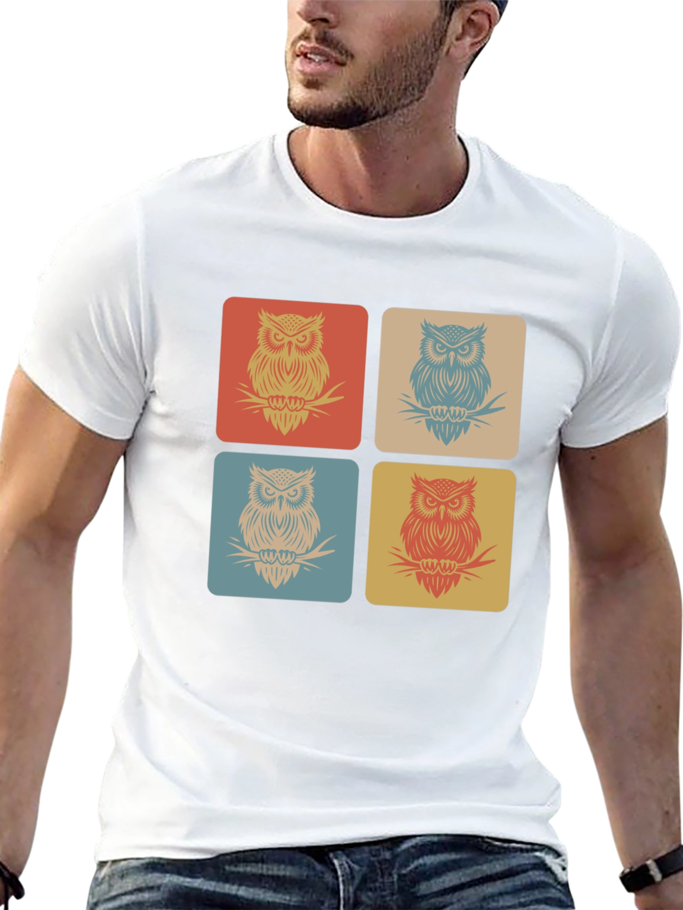 Retro Owl Squares Black T-Shirt