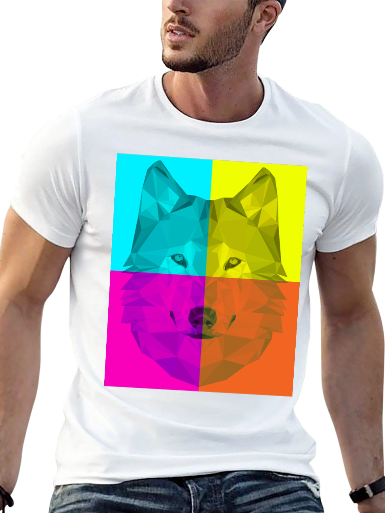 Geometric Wolf Pop Art Black T-Shirt