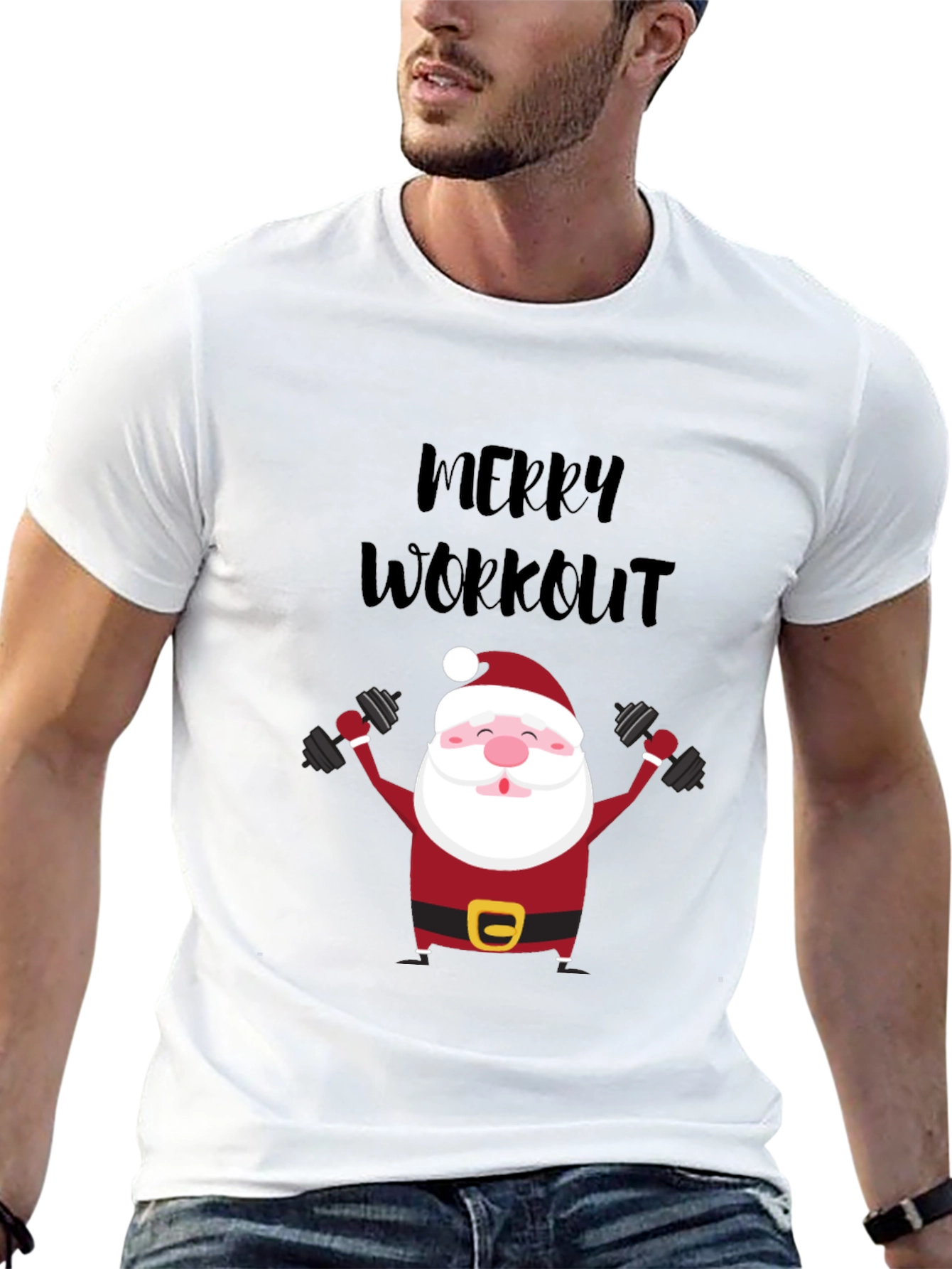Merry Workout Santa T-Shirt - Holiday Fitness Apparel
