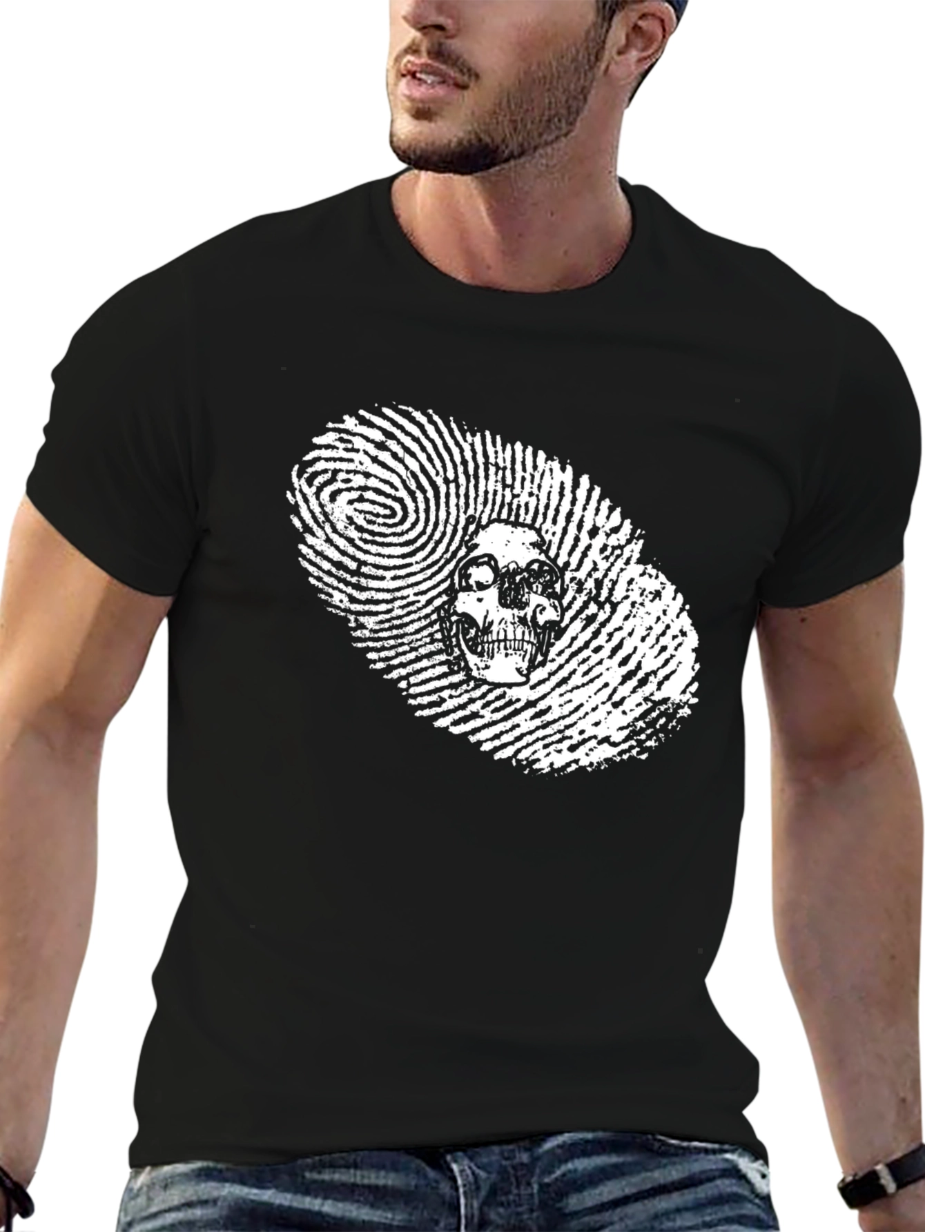 Skull Fingerprint Graphic Tee - Black Cotton T-Shirt