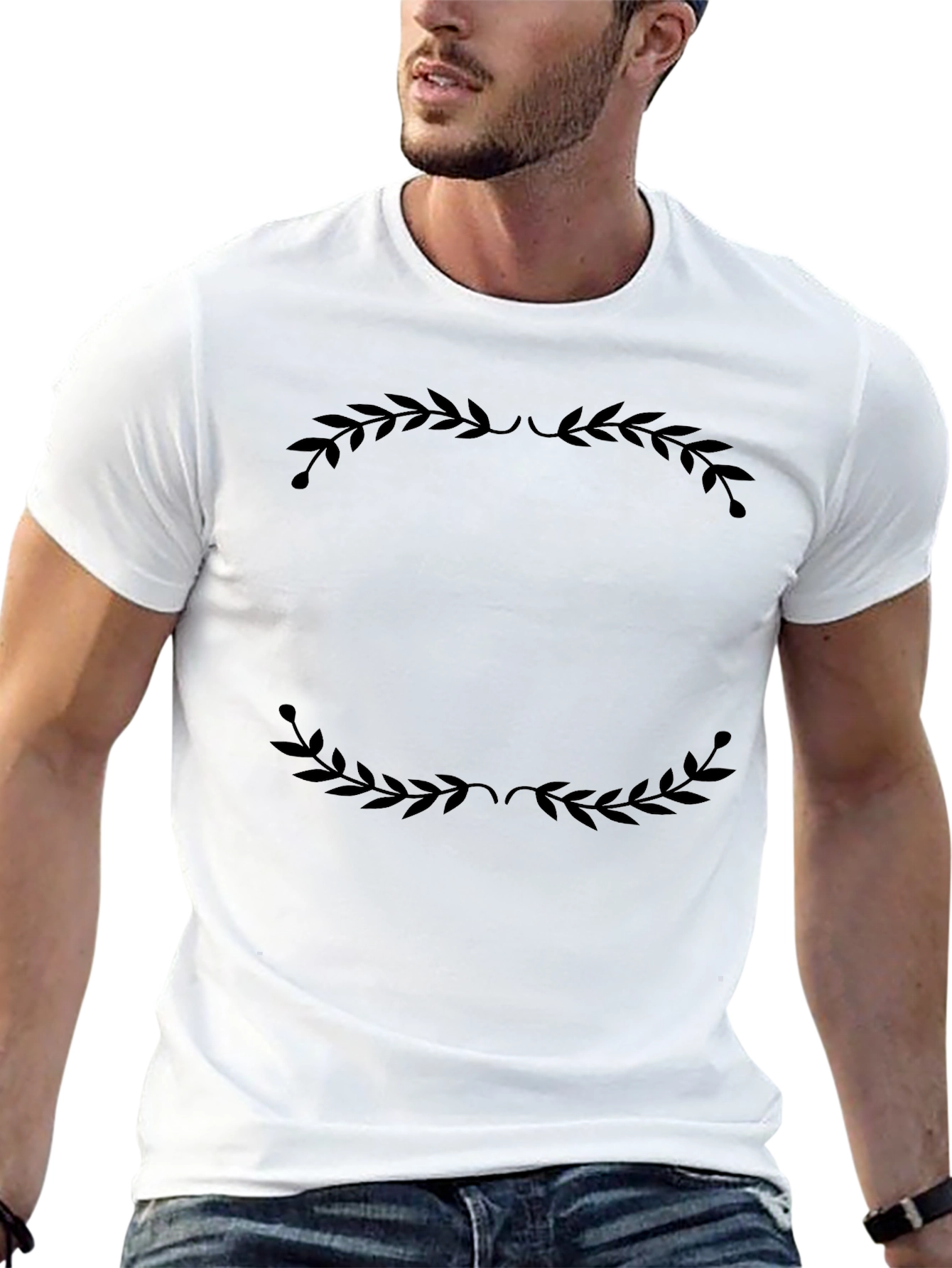 Elegant Black T-Shirt with Laurel Wreath Design