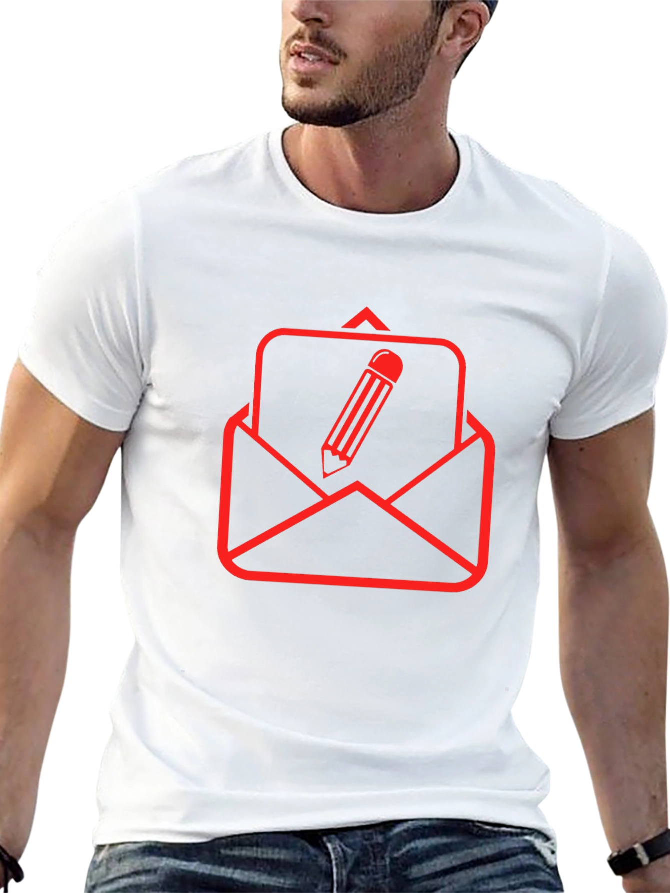 Black T-Shirt with Red Email & Pencil Graphic