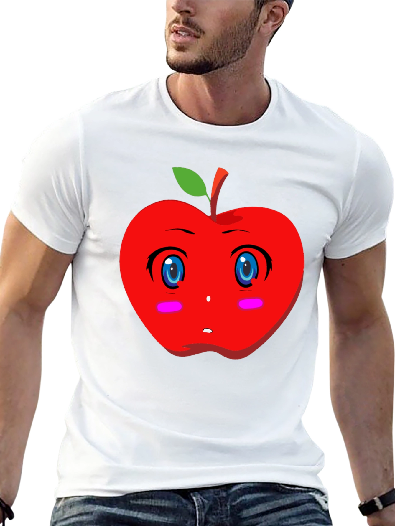 Kawaii Apple Graphic Tee - Black Cotton T-Shirt
