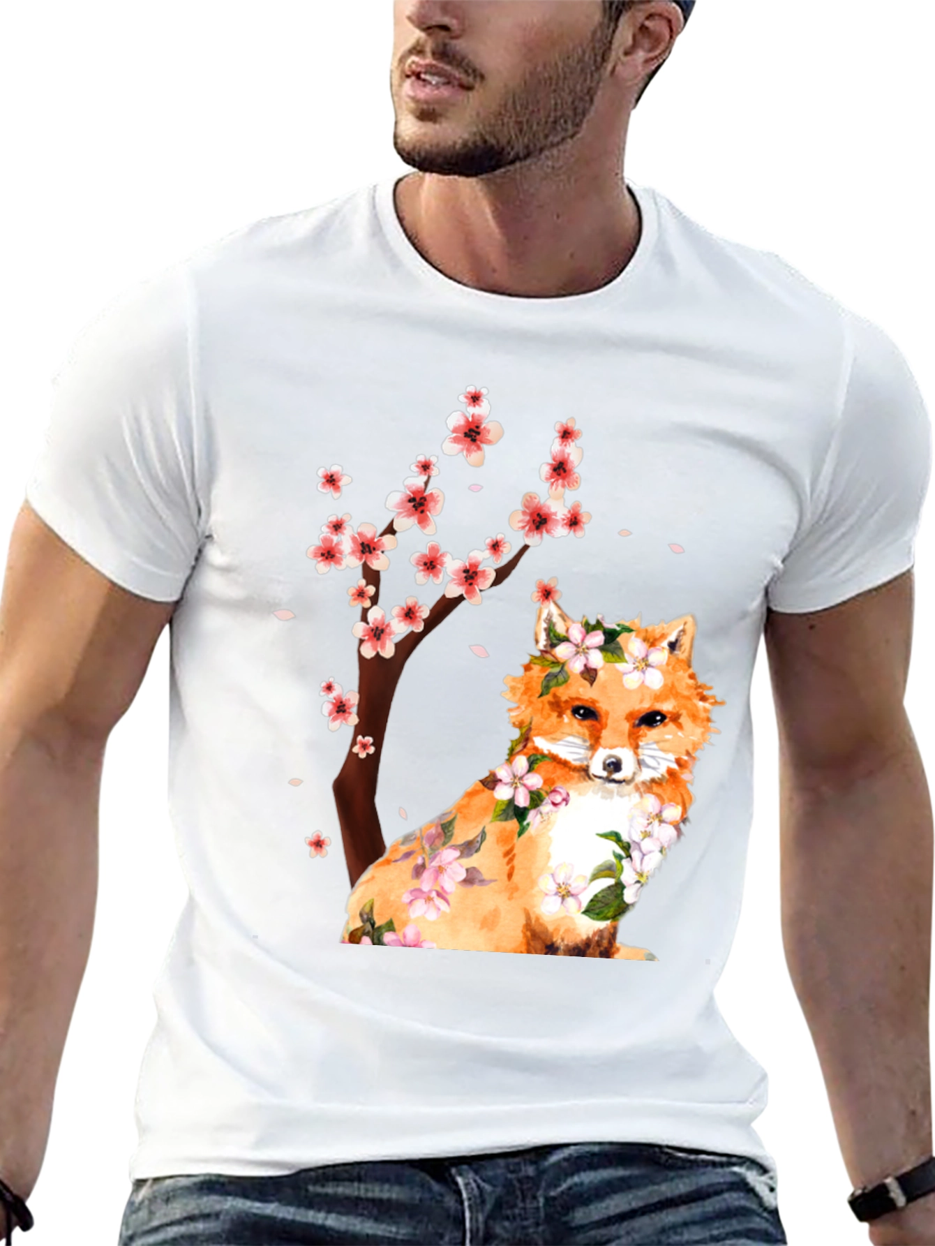 Fox and Cherry Blossom Print T-Shirt