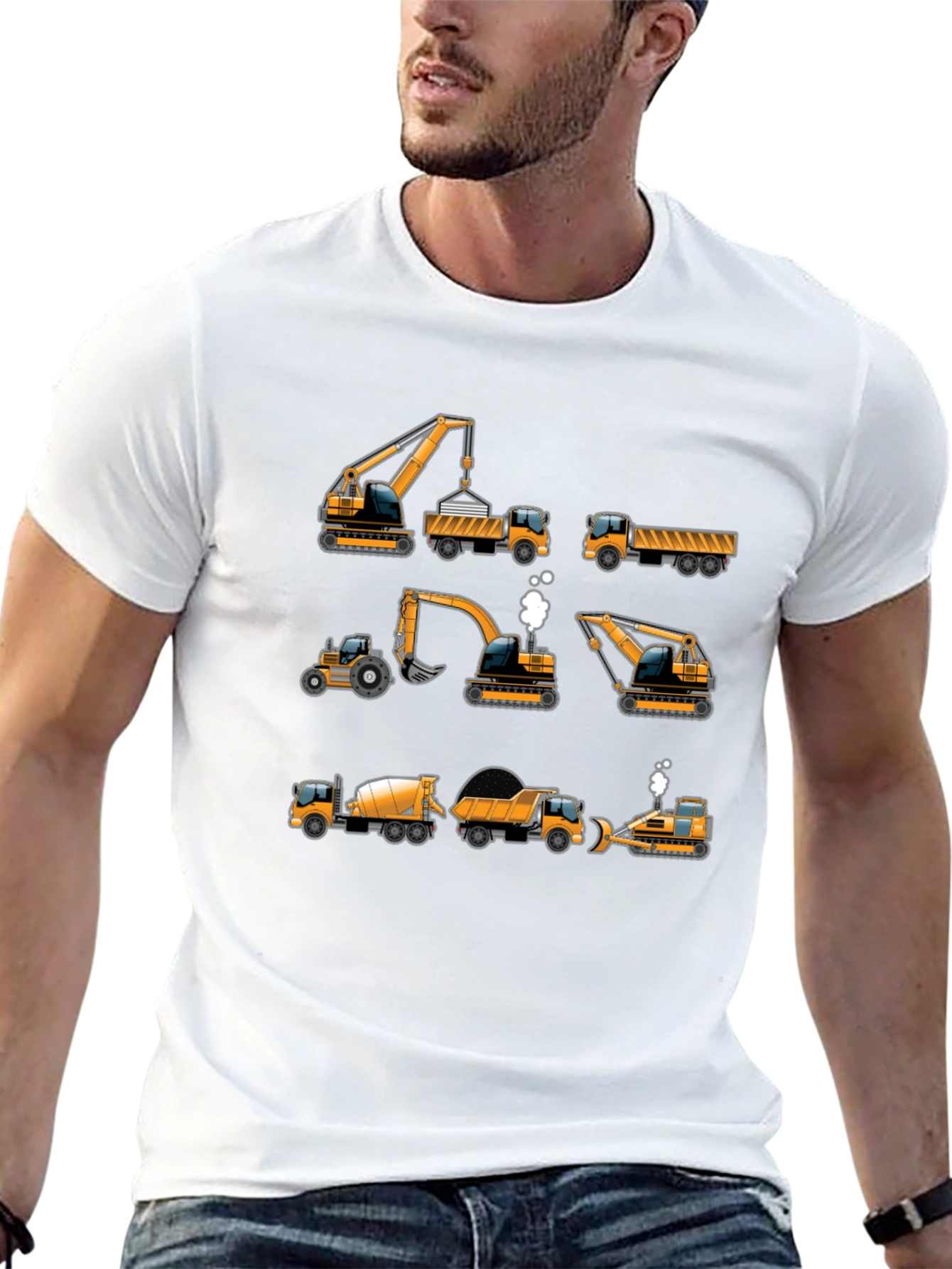Construction Vehicles Graphic Tee - Black Cotton T-Shirt