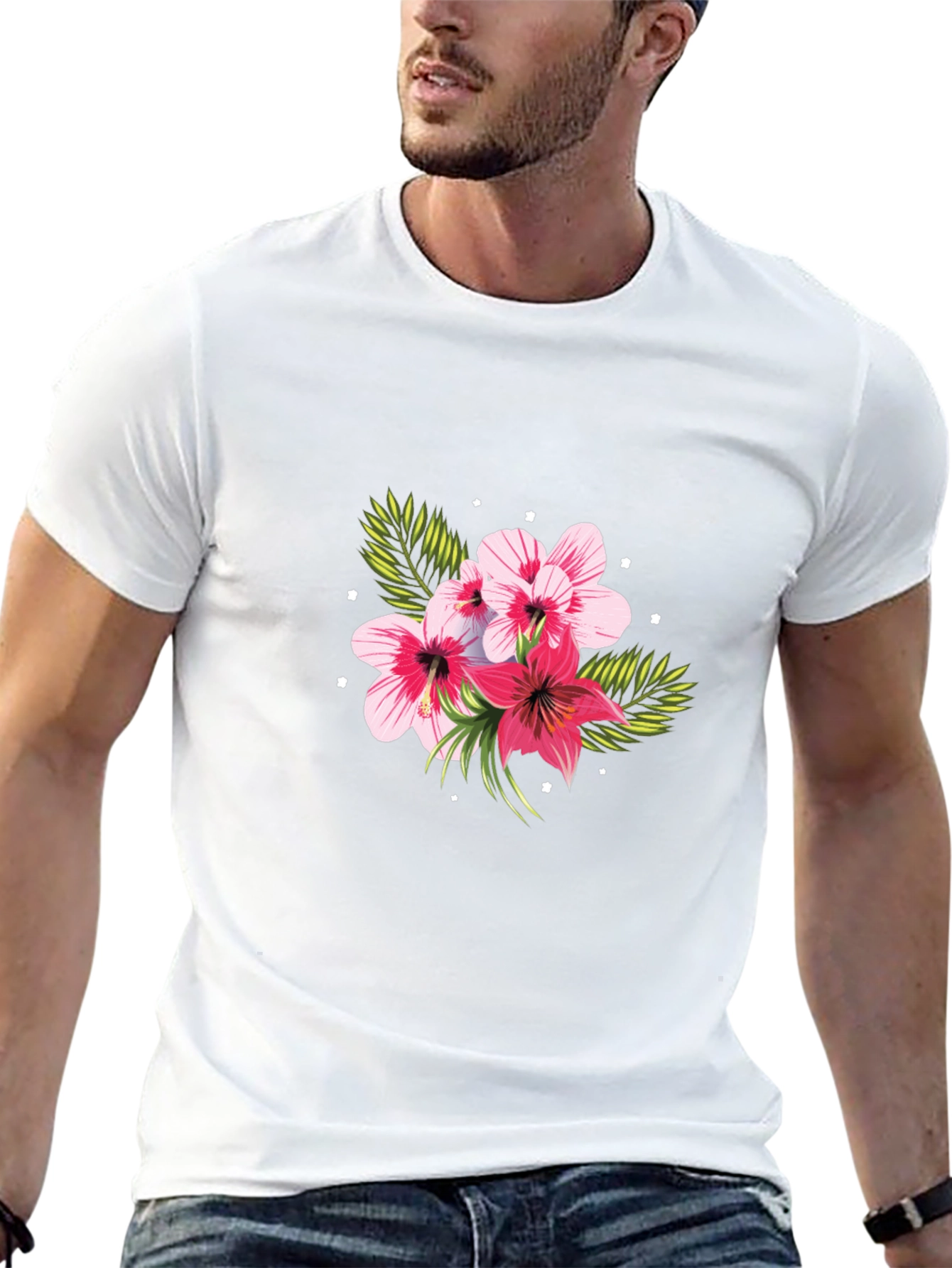 Floral Print Black T-Shirt - Tropical Hibiscus Design