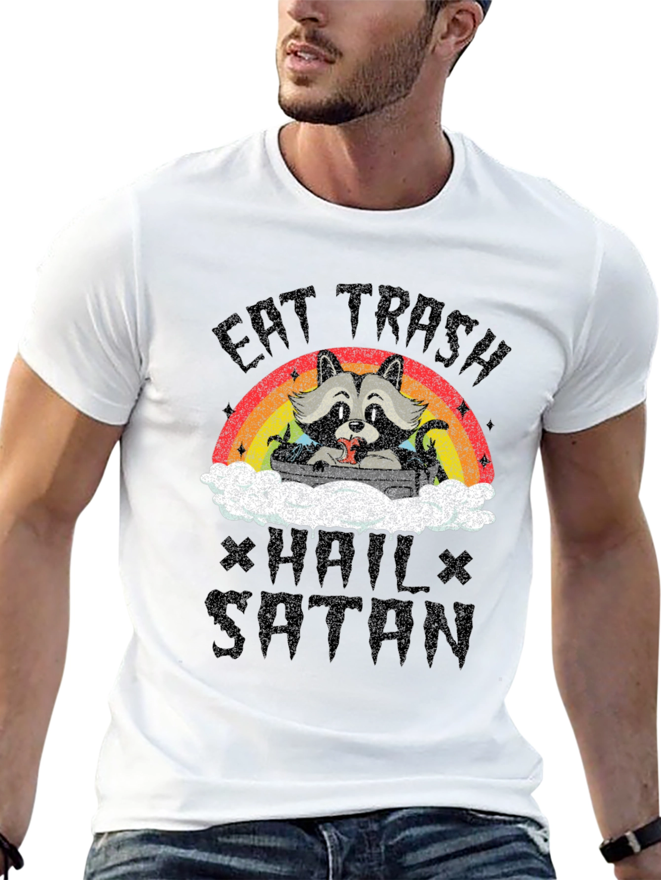 Eat Trash Hail Satan Funny Raccoon Graphic T-Shirt