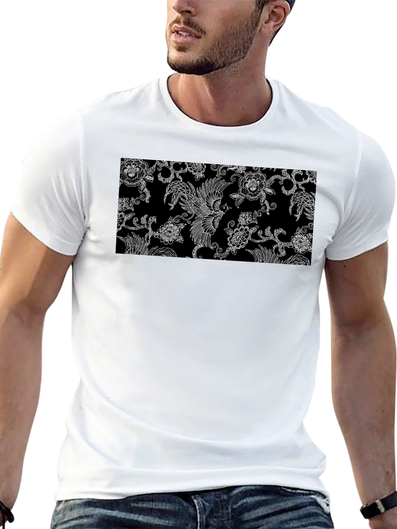 Black Tee with Floral Bird Design