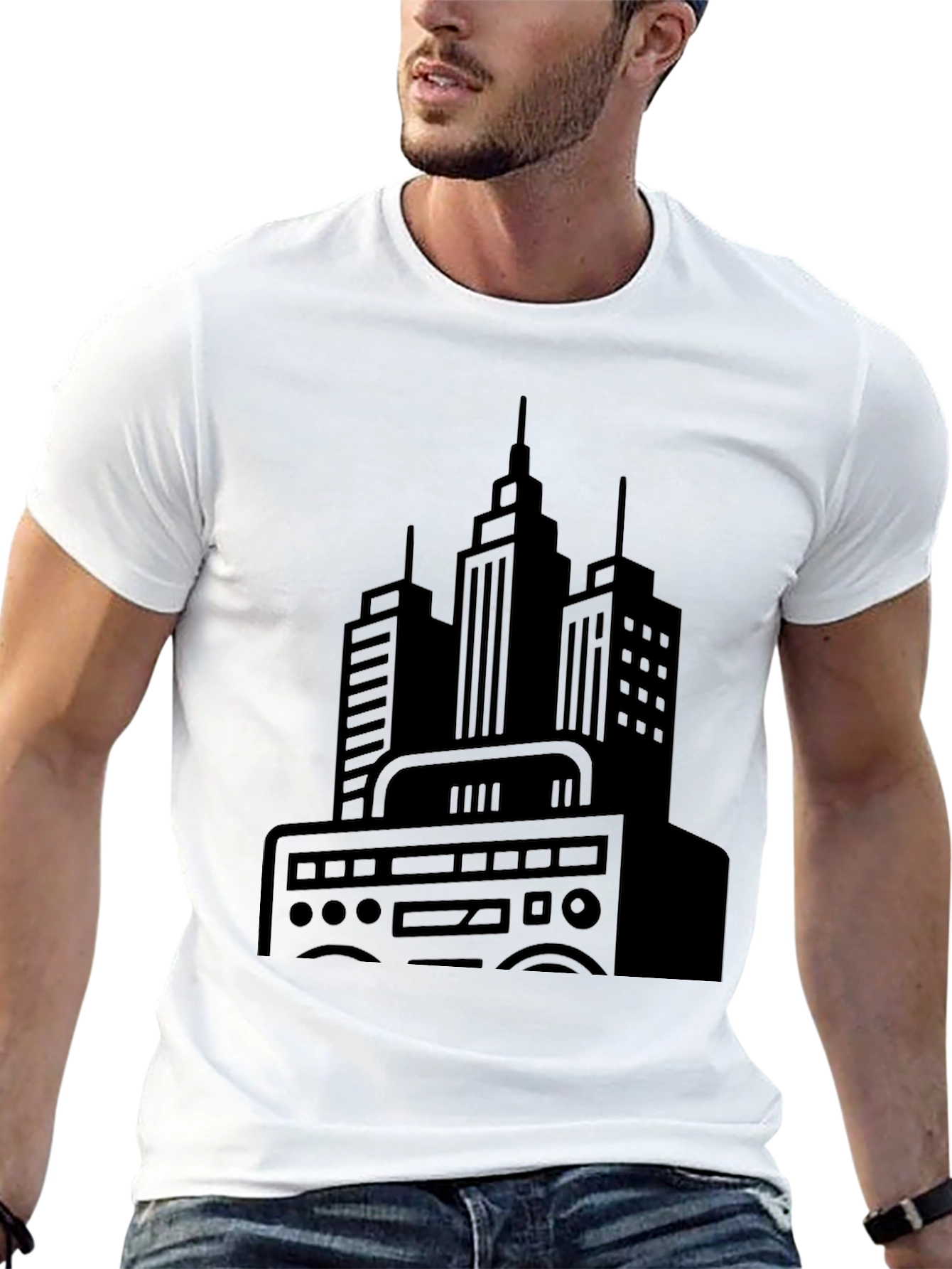 Urban Beat Black Tee - Cityscape Boombox Graphic T-Shirt