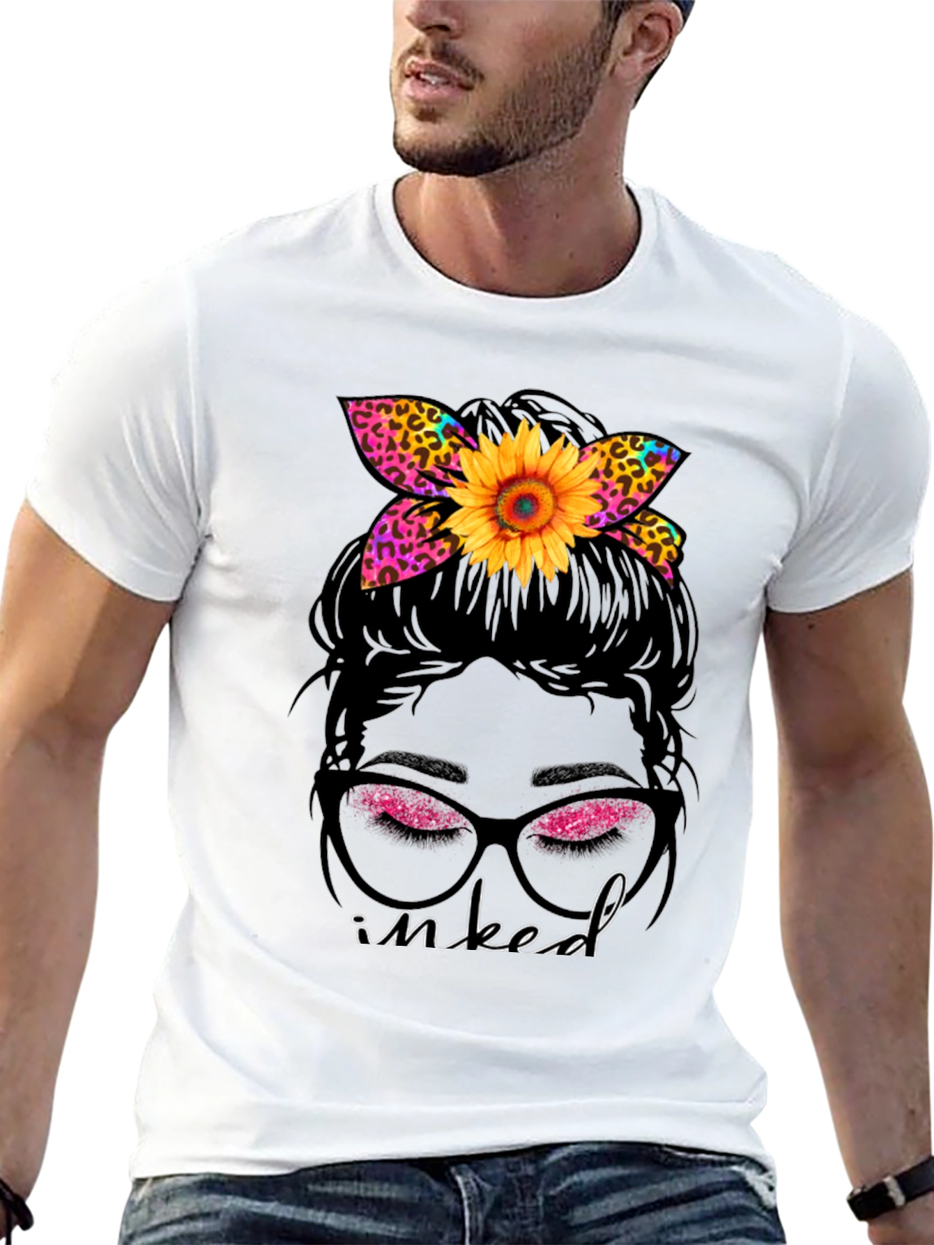 Inked Messy Bun Sunflower Leopard Print Tee