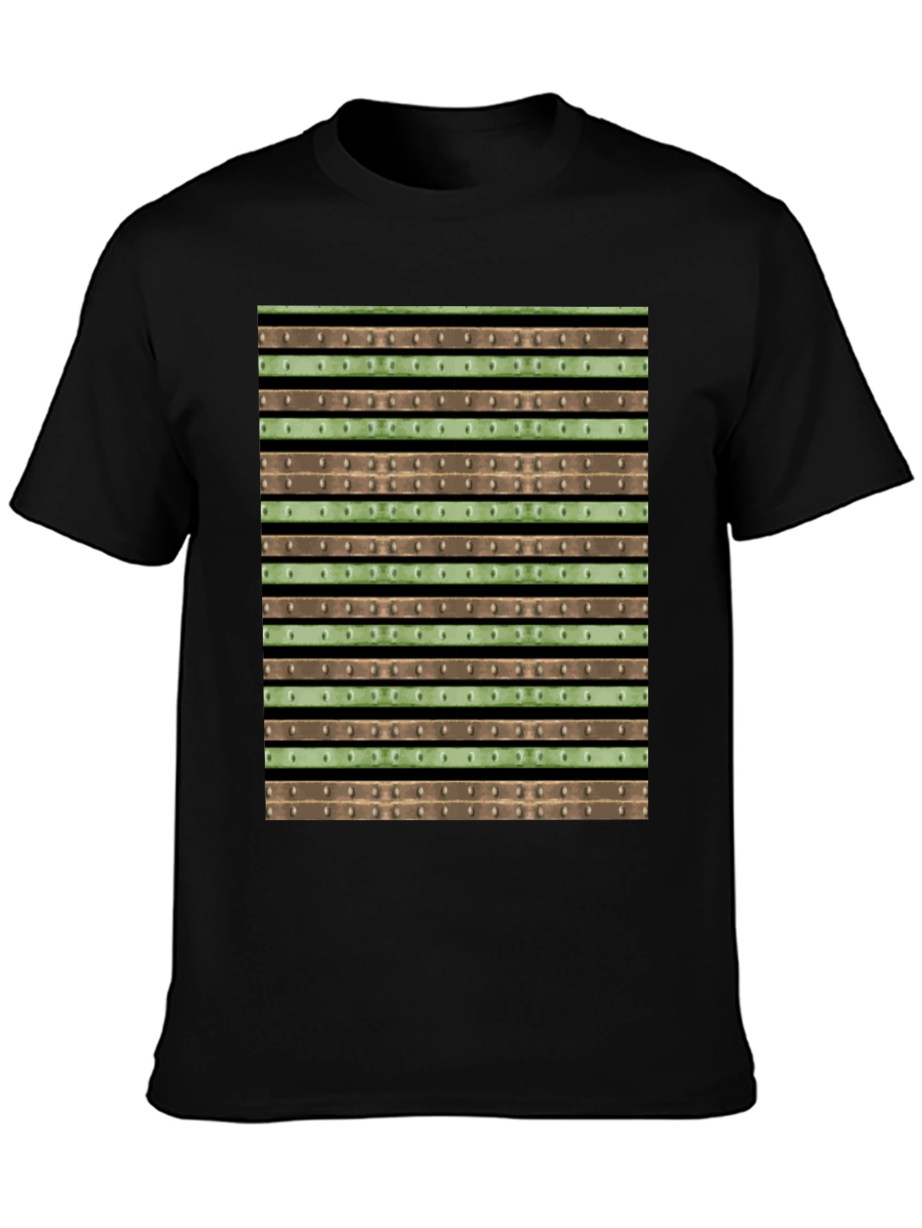 Striped Rivet Print Black Crew Neck Tee