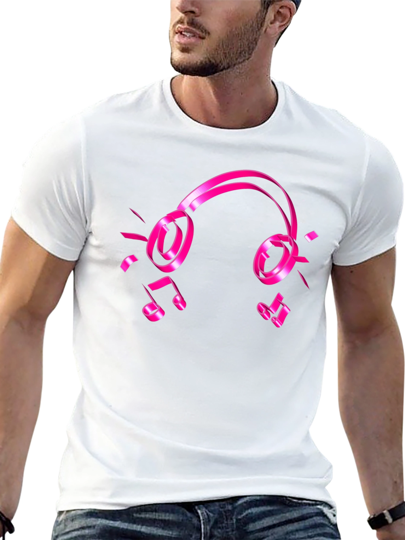 Black Tee with Pink Headphones and Music Notes Graphic
