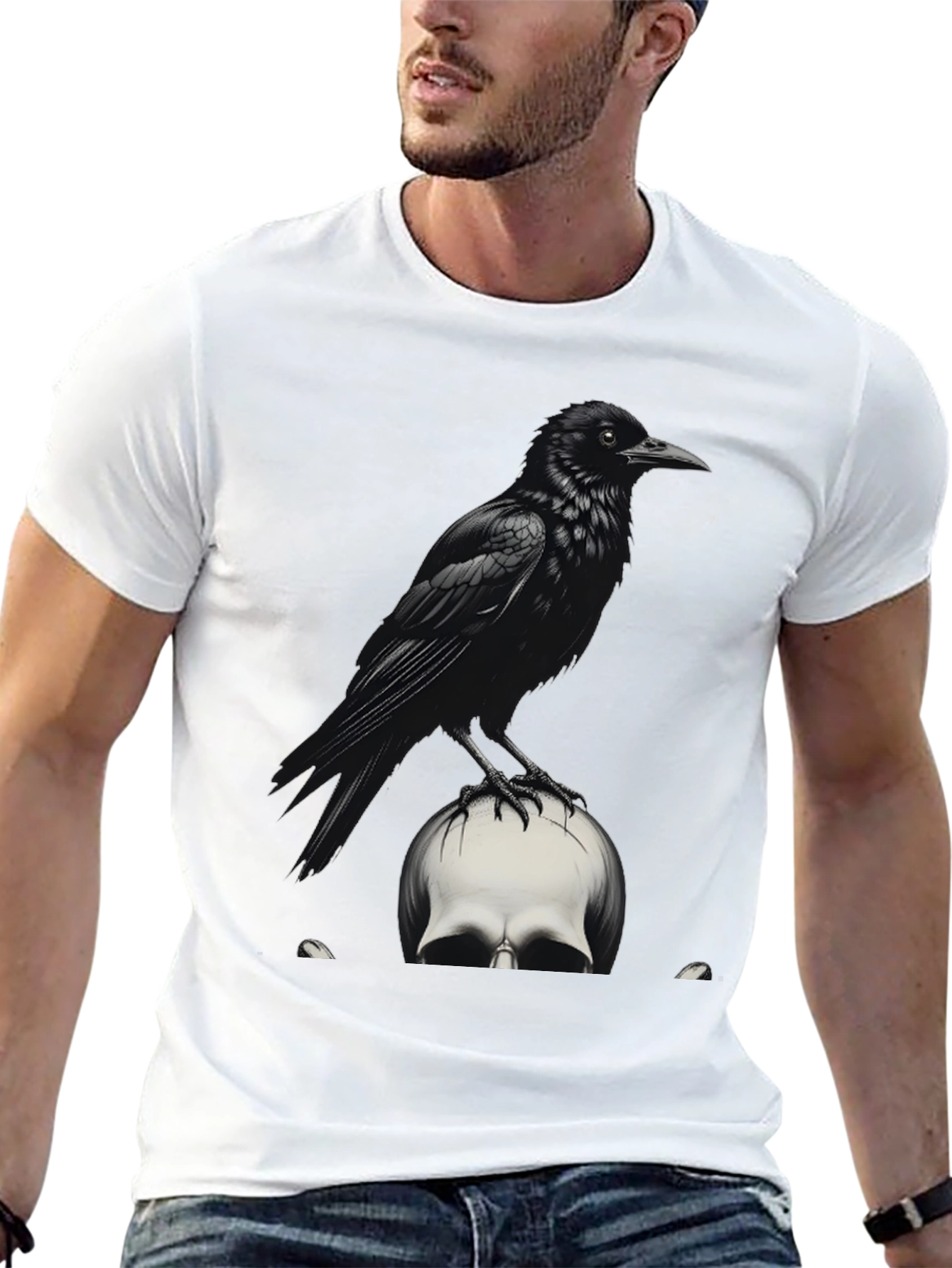 Raven on Skull Graphic Tee - Dark Gothic Style