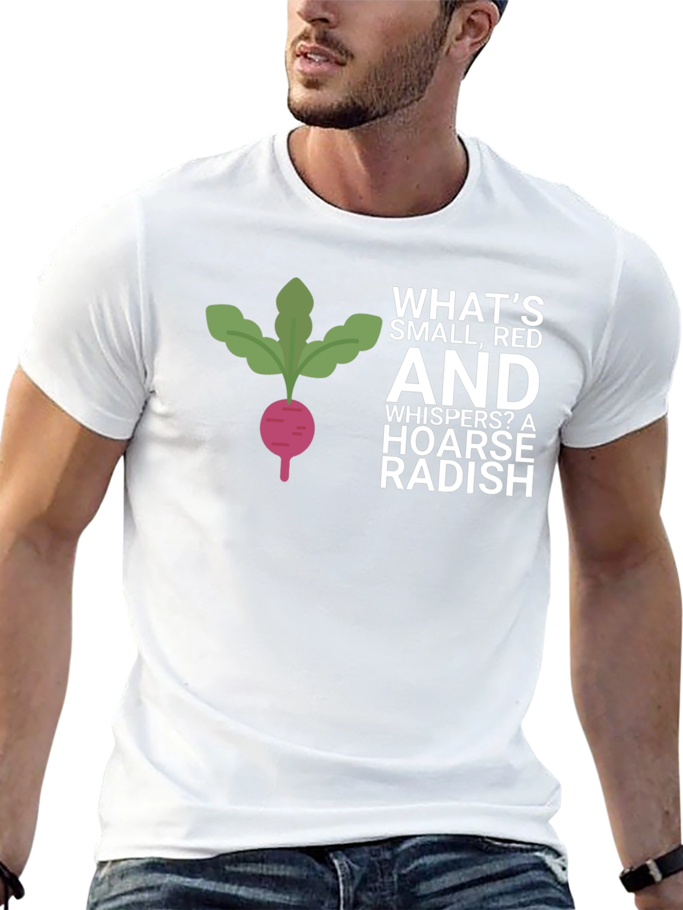 Funny Radish T-Shirt - Whats Small Red and Whispers?