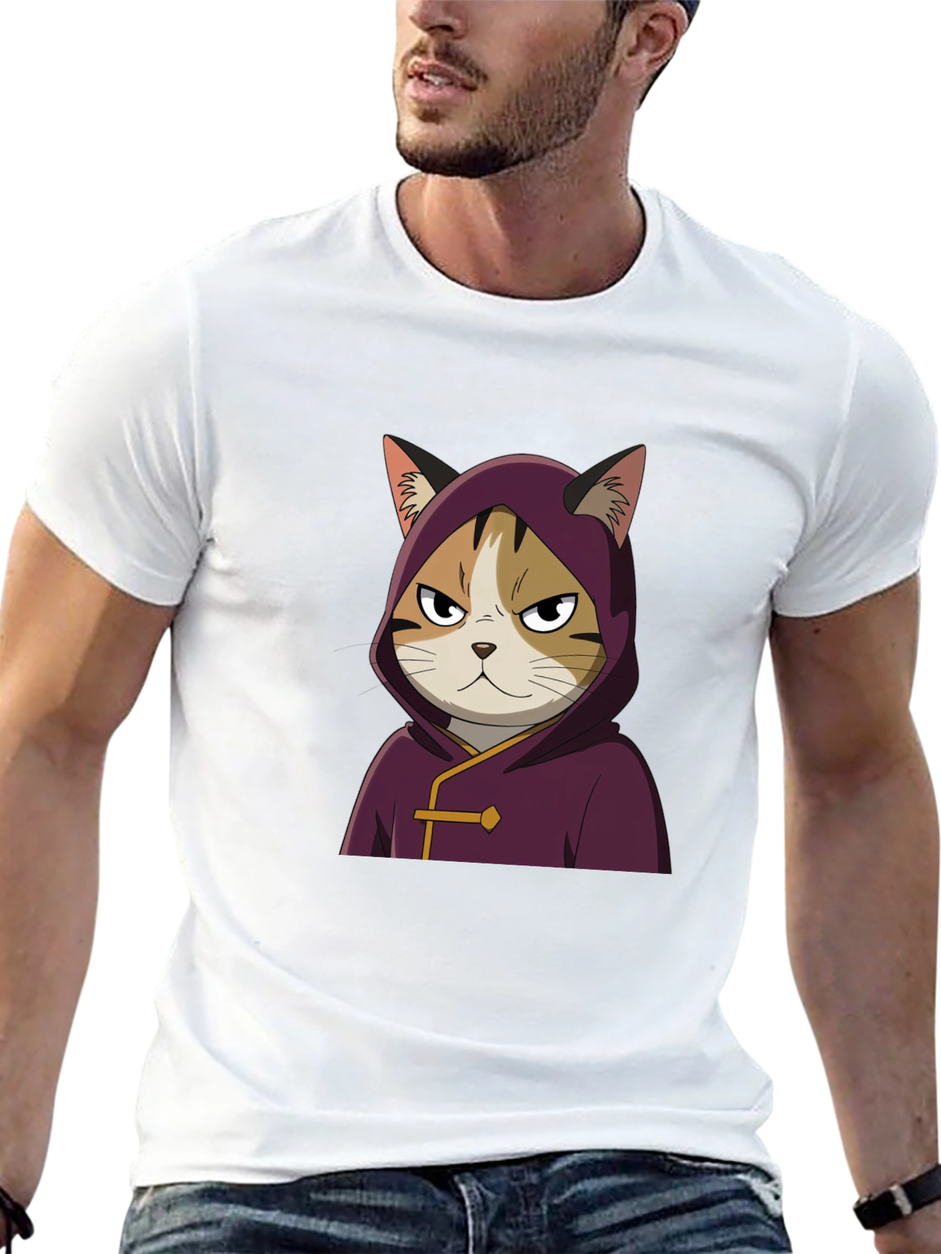 Cat in Hooded Robe Graphic Tee