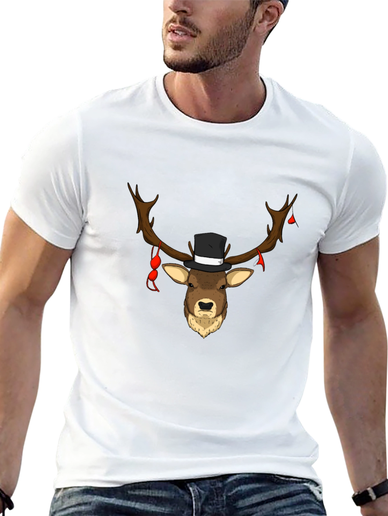 Novelty Deer Top Hat Tee - Black Cotton Blend