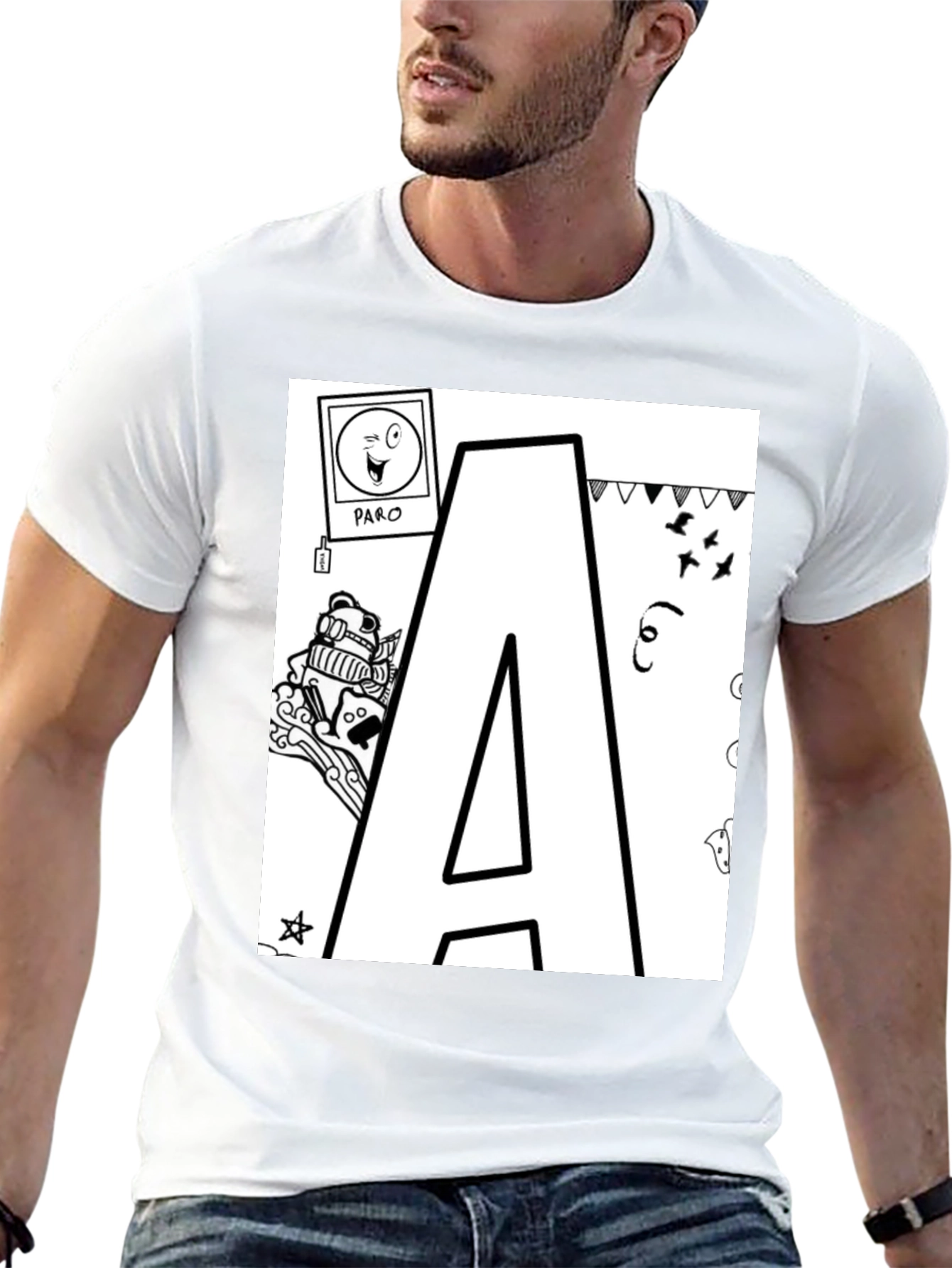 Letter A Doodle T-Shirt - Black Casual Tee