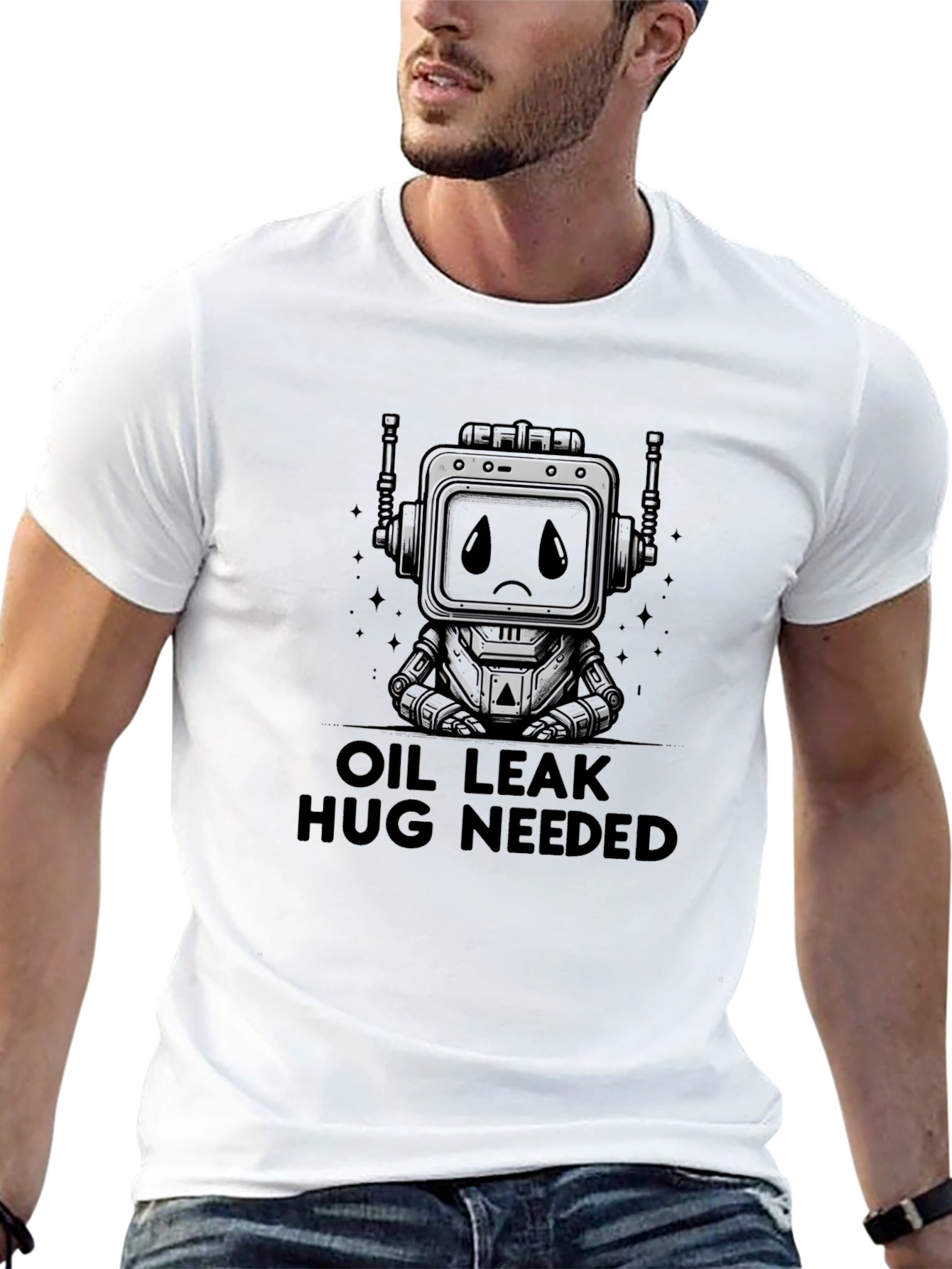 Oil Leak Hug Needed Robot Graphic T-Shirt
