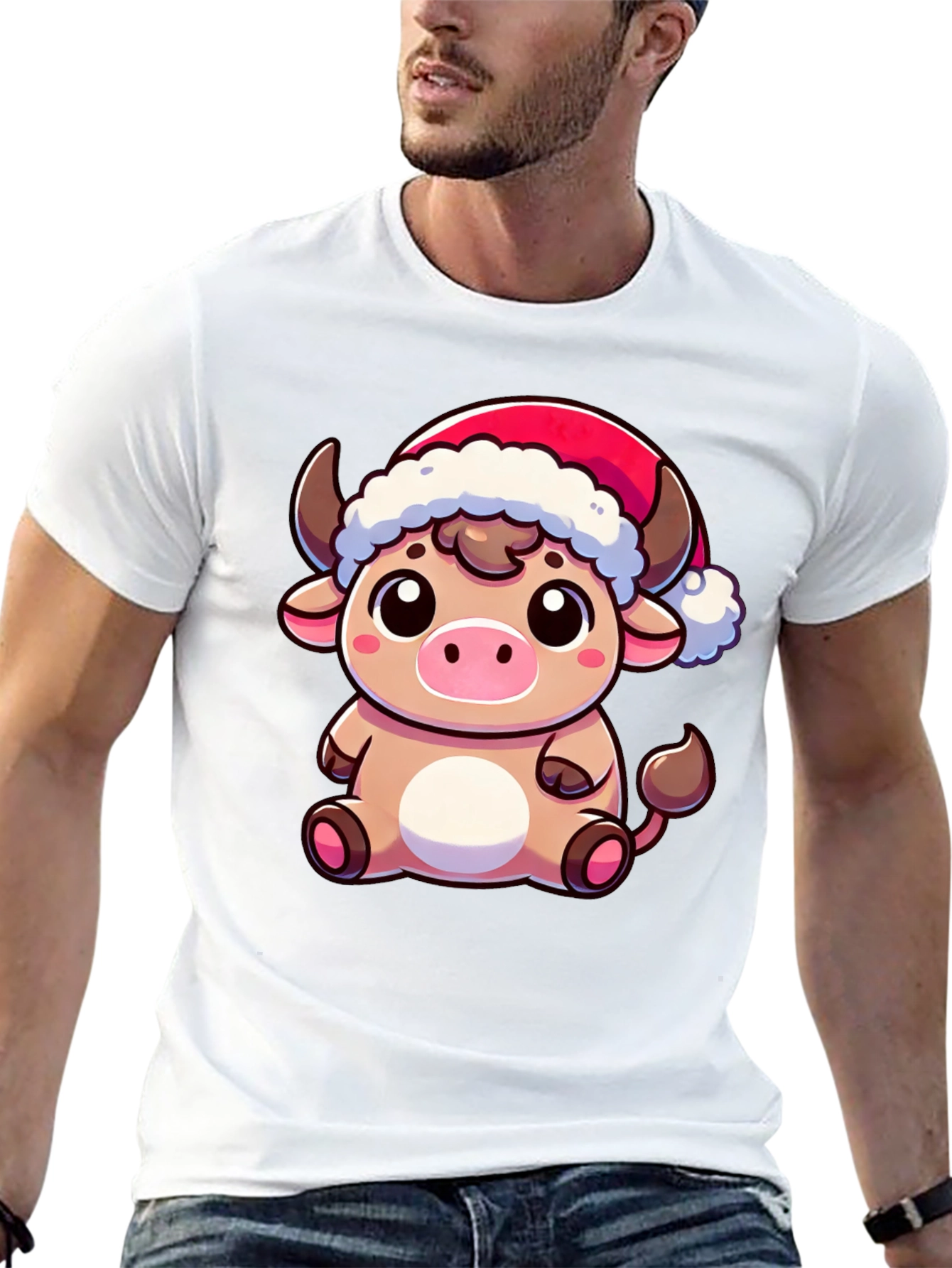 Festive Cow T-Shirt - Holiday Cartoon Bull Tee