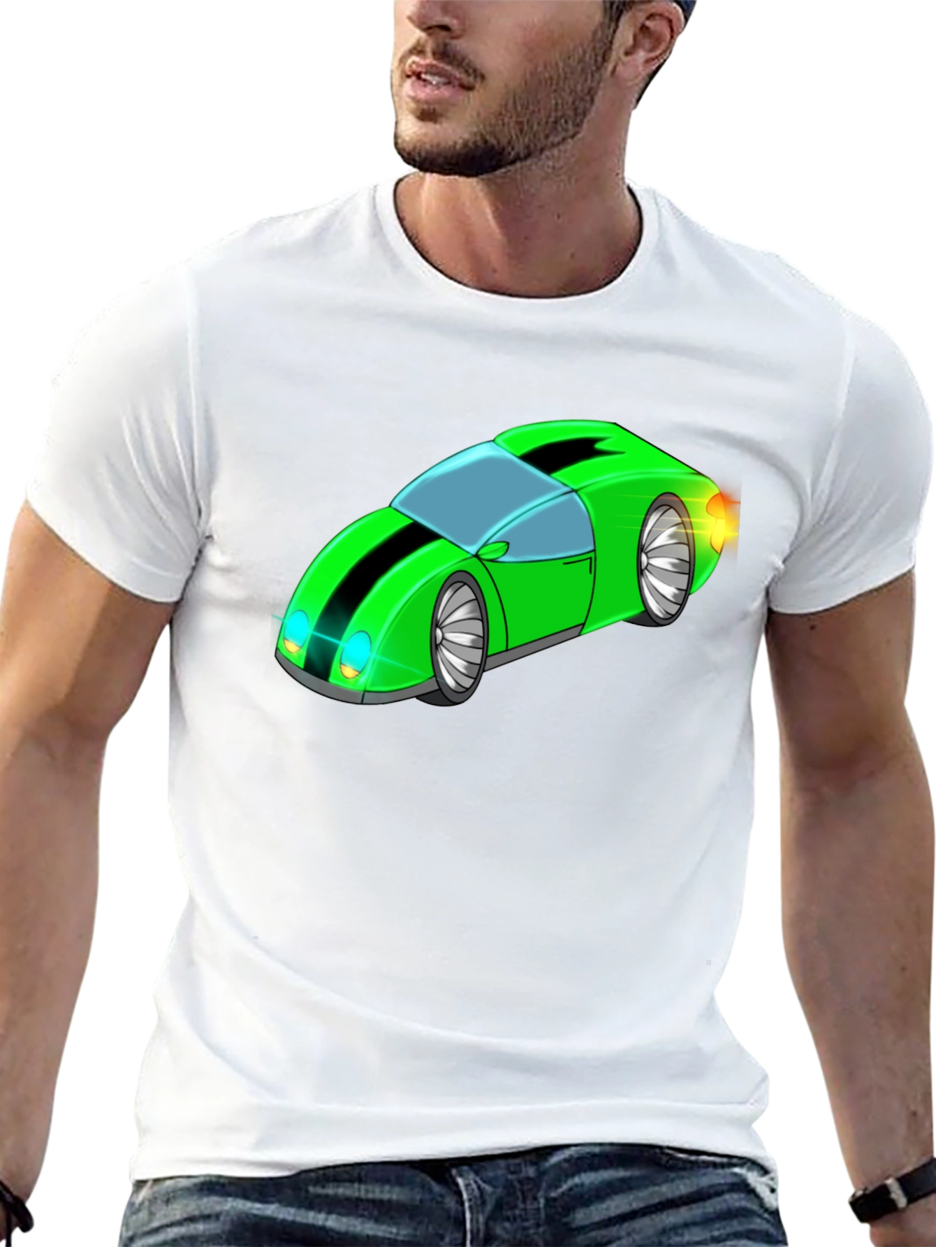 Green Cartoon Car Graphic Black T-Shirt
