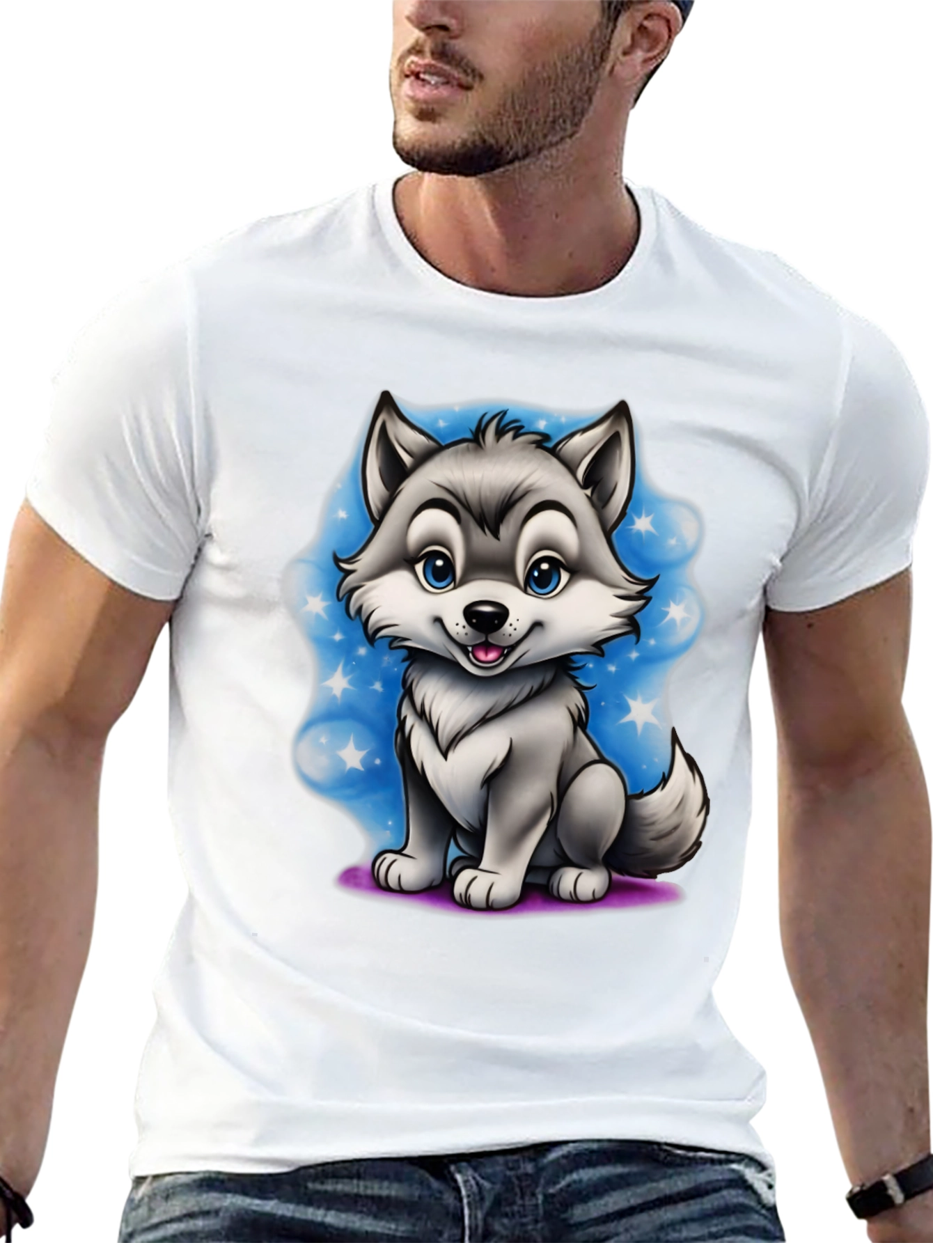 Cartoon Wolf Graphic Tee - Black