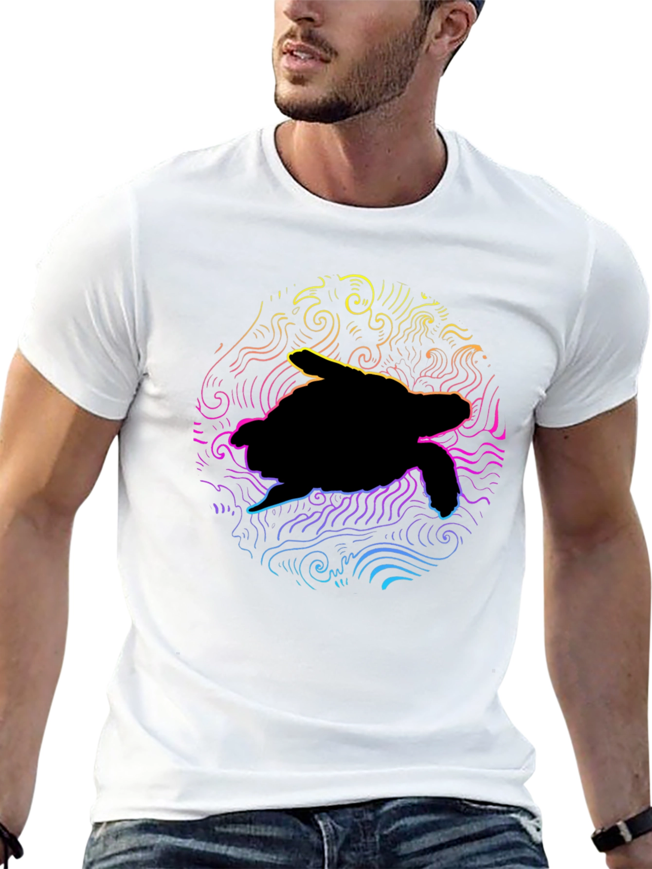 Neon Turtle Graphic T-Shirt - Black Cotton Blend