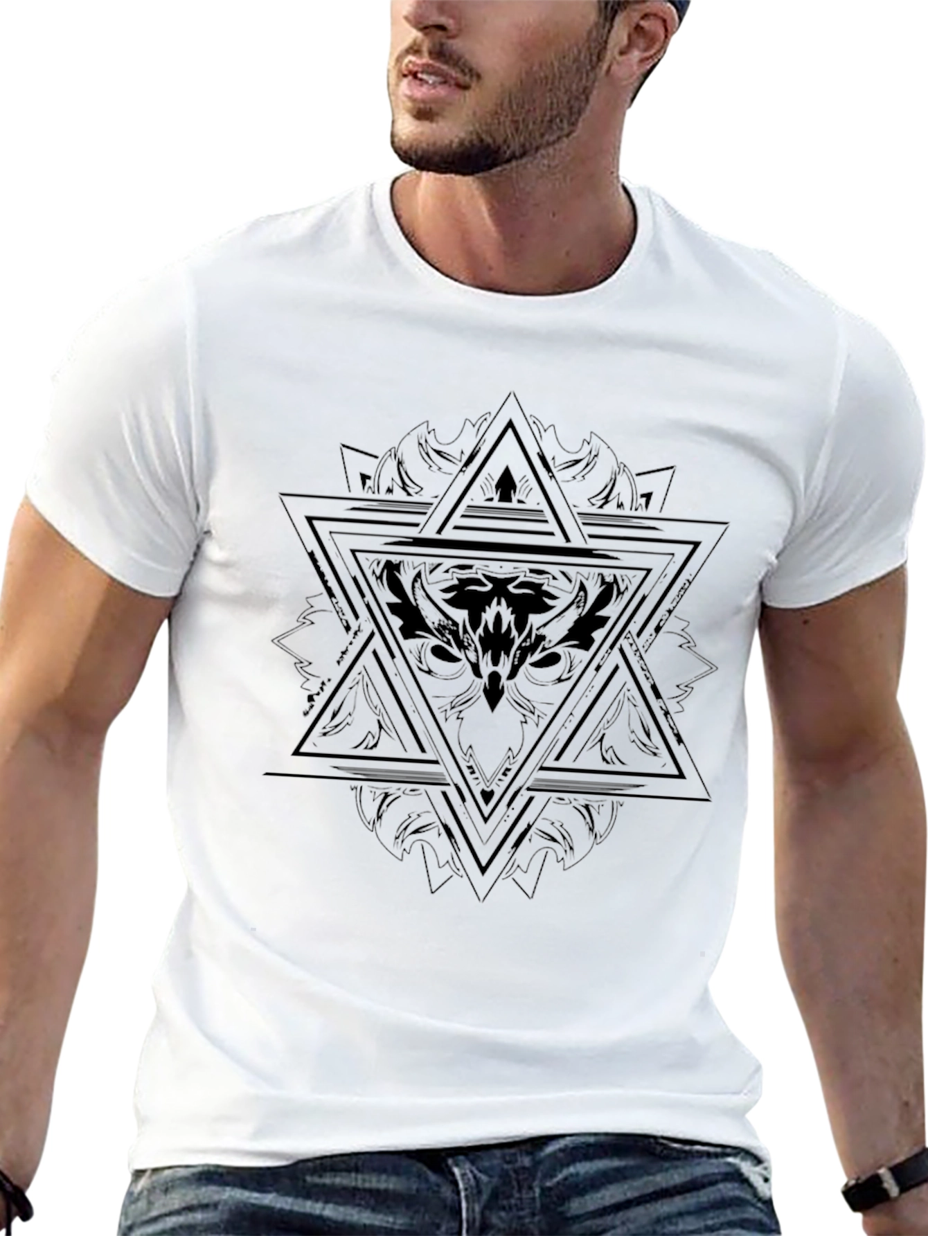 Black T-Shirt with Geometric Owl Design