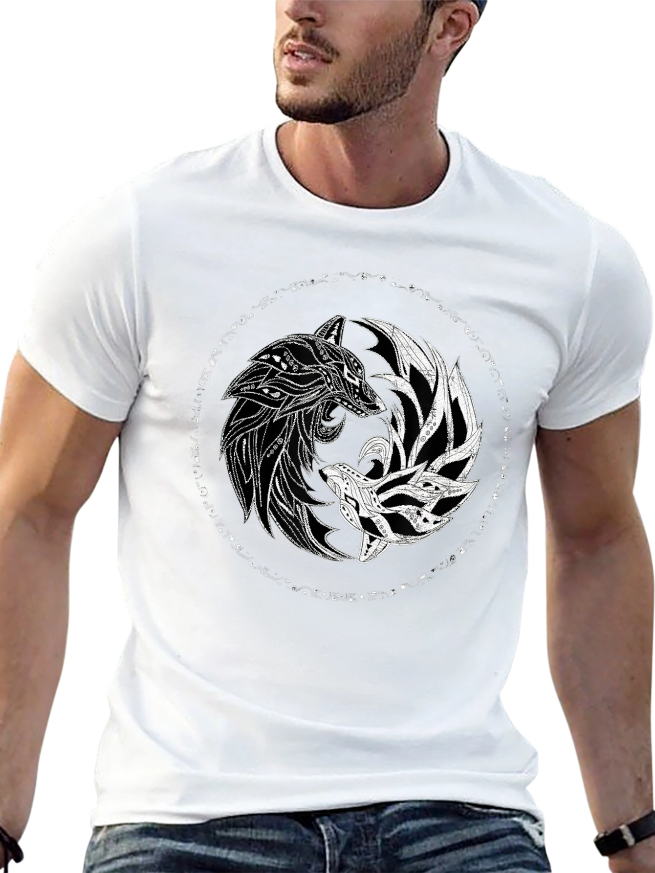 Yin Yang Wolves Graphic Tee - Black Cotton T-Shirt