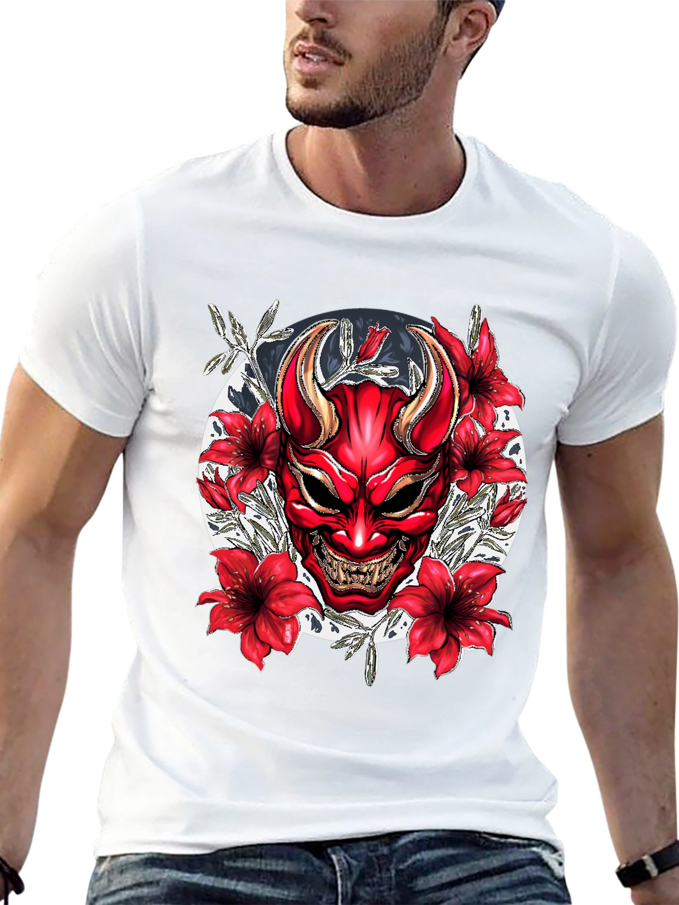 Samurai Oni Mask Graphic Tee - Black Cotton T-Shirt