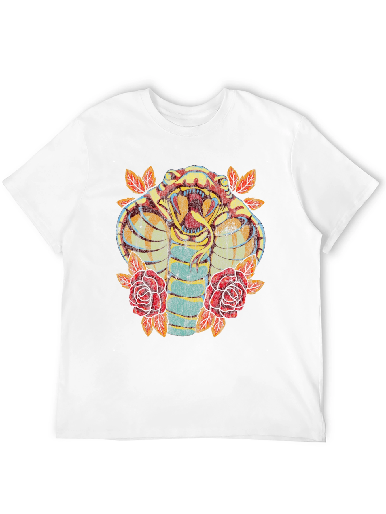 Cobra Snake & Roses Graphic Print Black T-Shirt